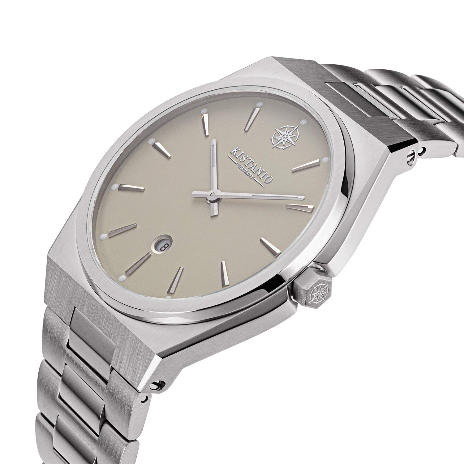 Reloj de hombre Milano en diseño italiano con correa de cuero o correa de metal y cristal de zafiro 10 ATM clásico en diferentes variaciones, Crema/Metal Band, Pulsera