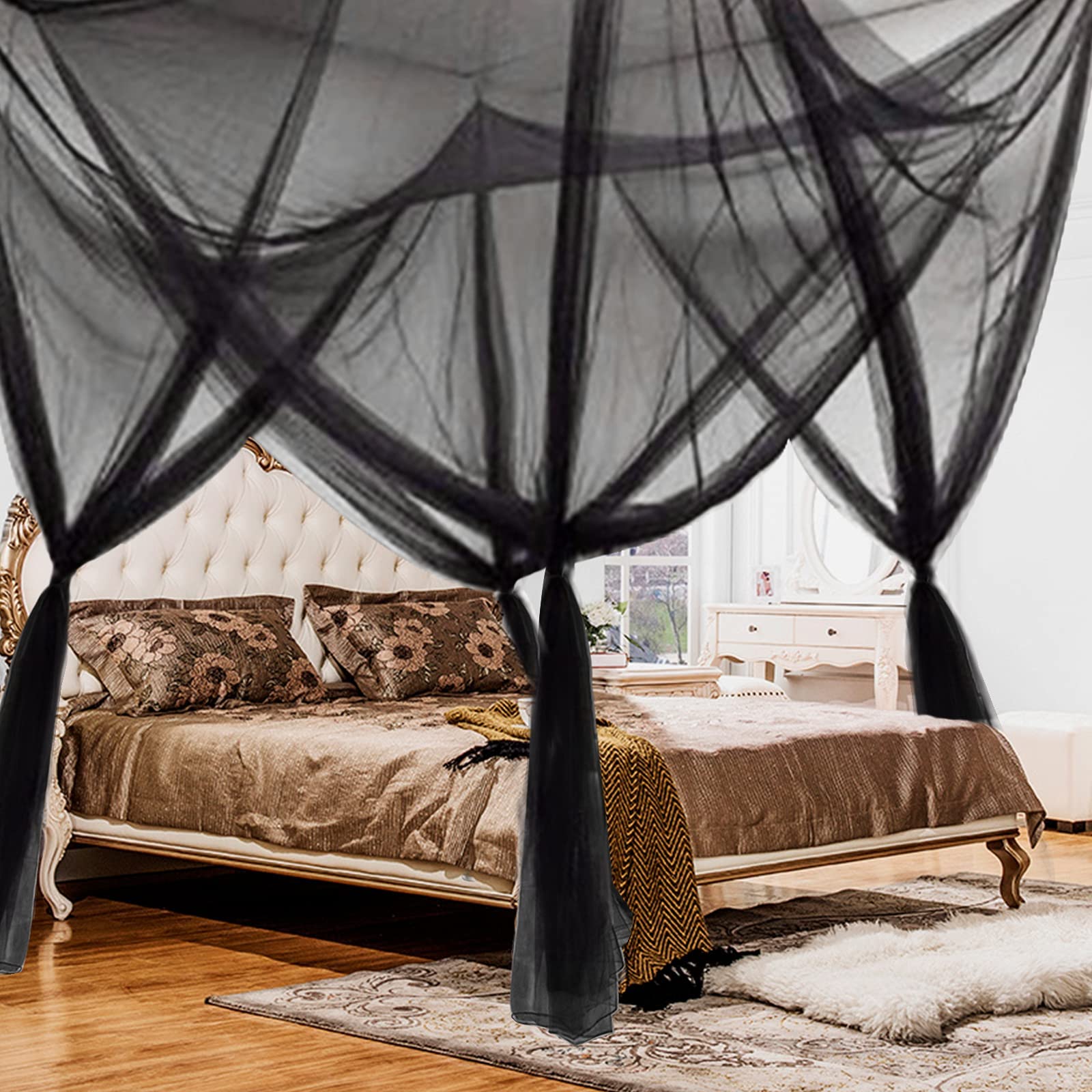 MAKINGTEC Mosquito Net, 4 Opening Mosquito Net, 4 Corners Post Canopy Bed Curtain, Black Canopy Bed Frame, Queen Canopy, Bed Tents for Girls, Canopy Bed for Adults Bedroom Kids Room
