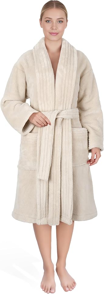 American Soft Linen Womens Fleece Bathrobe Luxury Soft, Plush Robe for Women Cozy Spa Quality Adult Bathroom Lounge Robe