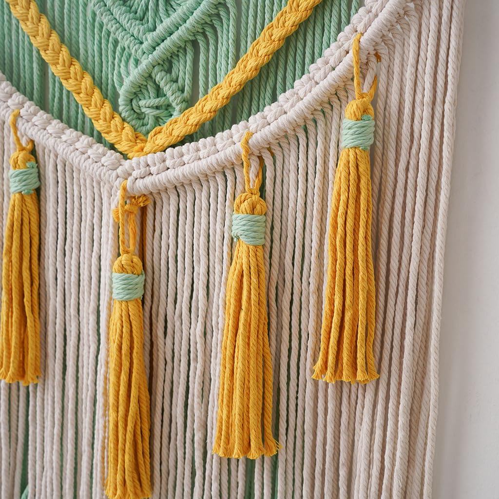 BMIDRUT Arazzo Macramè da Parete, Decorazione Boho Fatta a Mano, per Camera da Letto, Soggiorno, 45 x 70 cm (Giallo)
