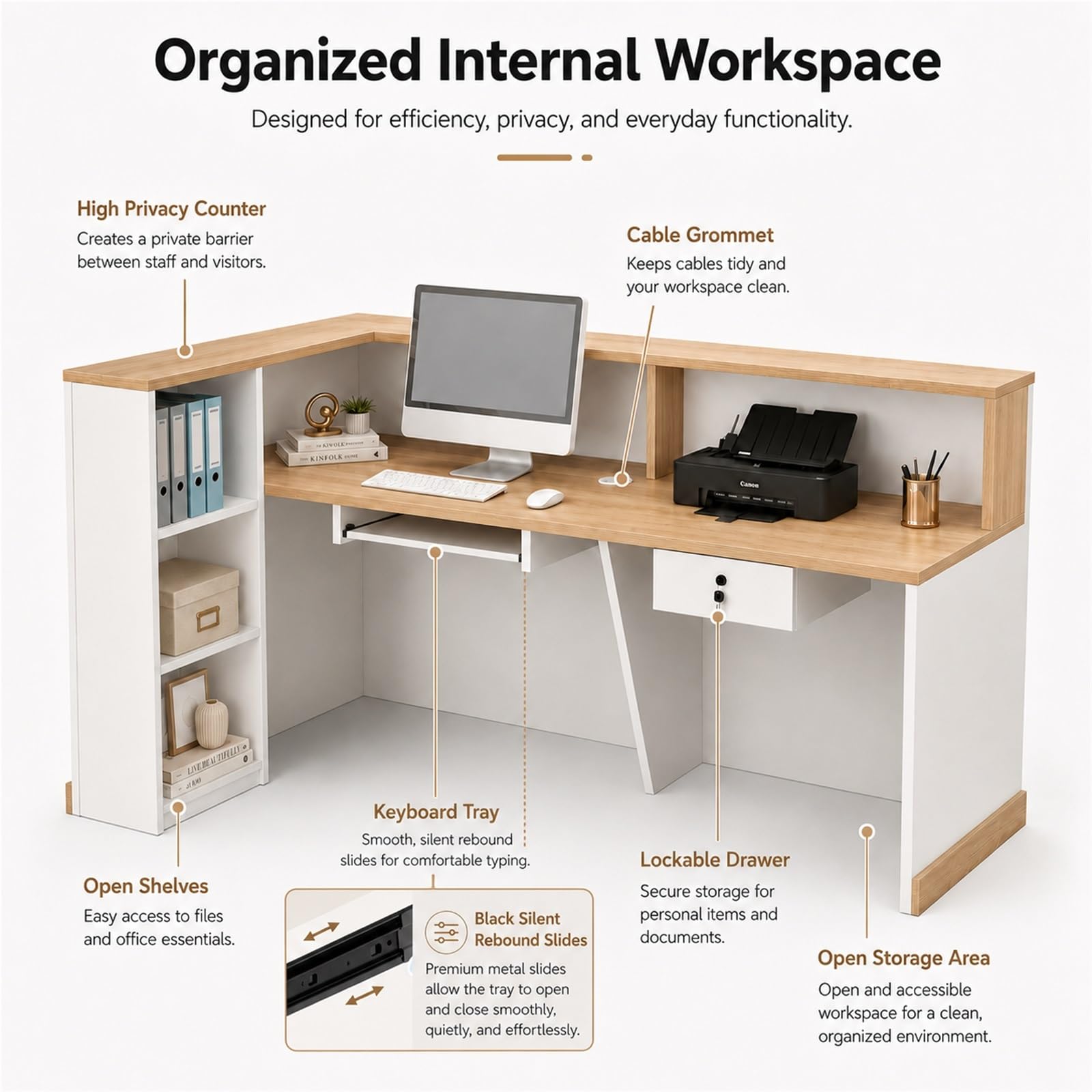 Moderne L-förmige Empfangstheke Rezeptionstheke mit Schublade, Stauraum | 110 cm Hohem Sichtschutz für Büro Salon Praxis Laden Hotel Studio(Right beige+White,120cm/47.2")