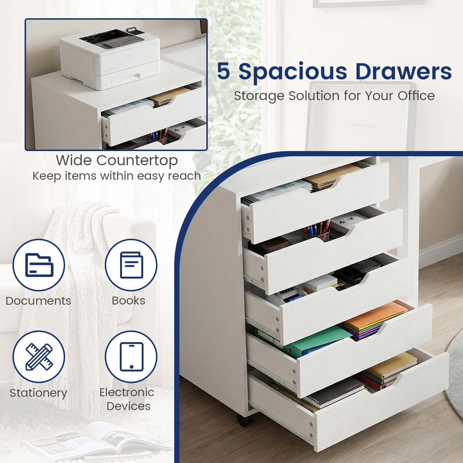 Cajonera Oficina, Cajonera Escritorio con 5 Cajones, Multiusos Armario Archivador Móvil con 4 Ruedas para Bajo Escritorio Casa, Soporte para Impresora, 65cm Alto, Blanco