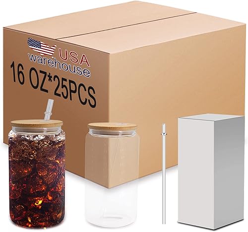 ZREGGUR Paquete de 25 vasos para beber con tapas de bambú y pajilla vasos de sublimación en forma de lata de 16 onzas vasos de cerveza vasos de café