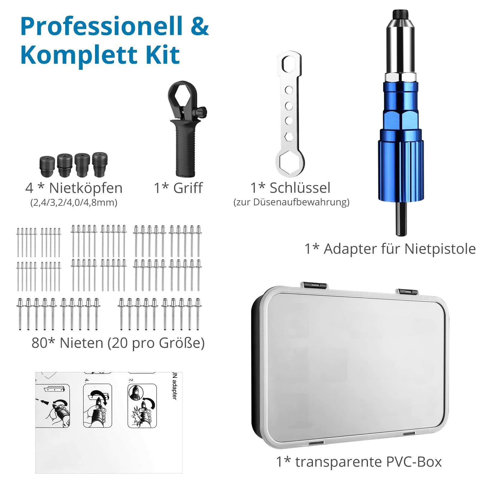 AUTOUTLET Adaptateur de Pistolet à Riveter sans Fil avec Clé pour Le Stockage des Buses avec Poignée 1 Étui Transparent en PVC 80 PCS Rivets 20 par Taille 2,4 3,2 4,0 4,8 mm