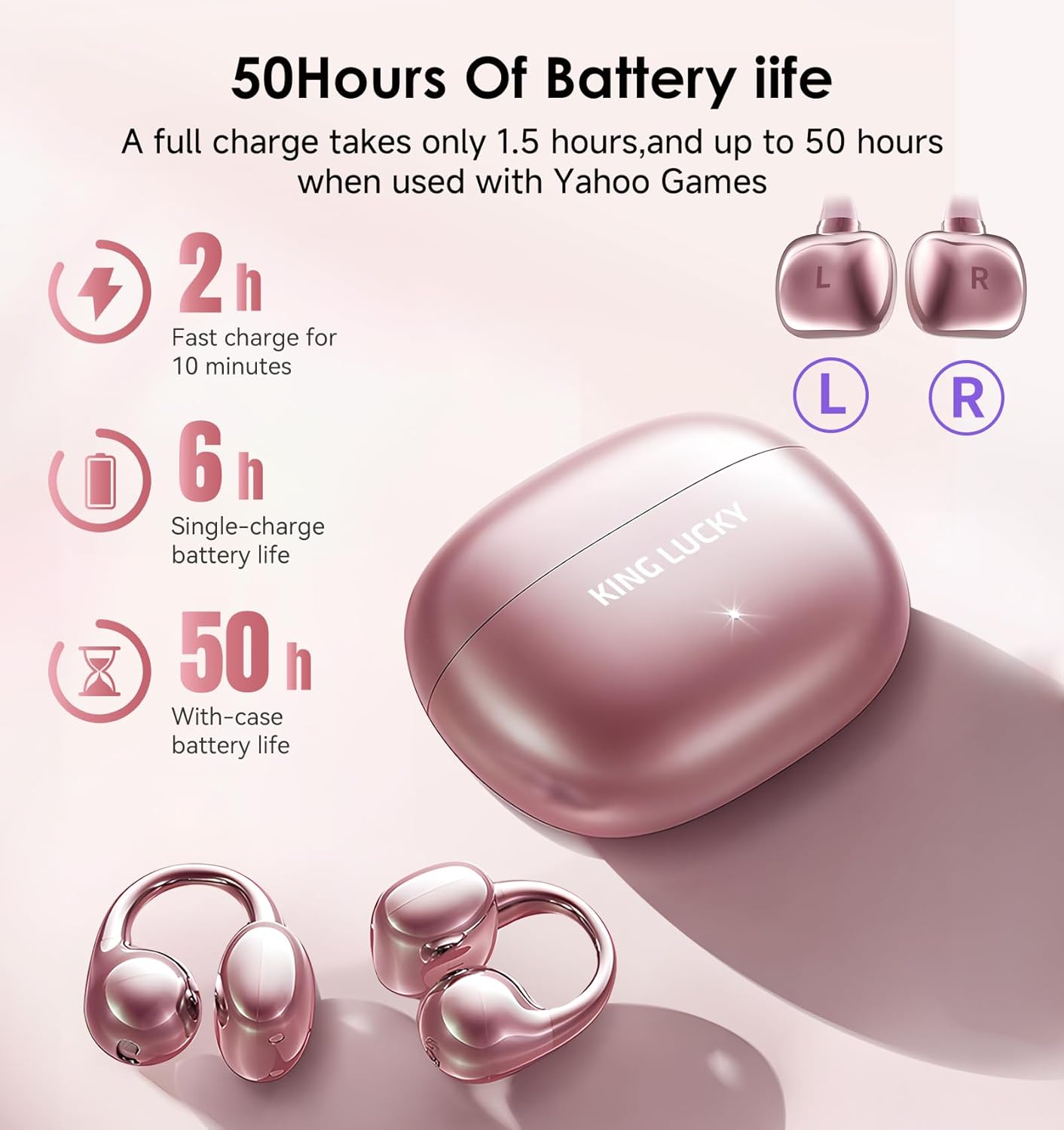 King Lucky Clip-On Earbuds Gen 3, Open-Ear Wireless Bluetooth 6.0 Headphones with Mic, Secure Fit for Small Ears & Glasses Wearers, 50H Playtime, ENC, IPX5 Waterproof Sport Ear Buds (Pink) - Image 6