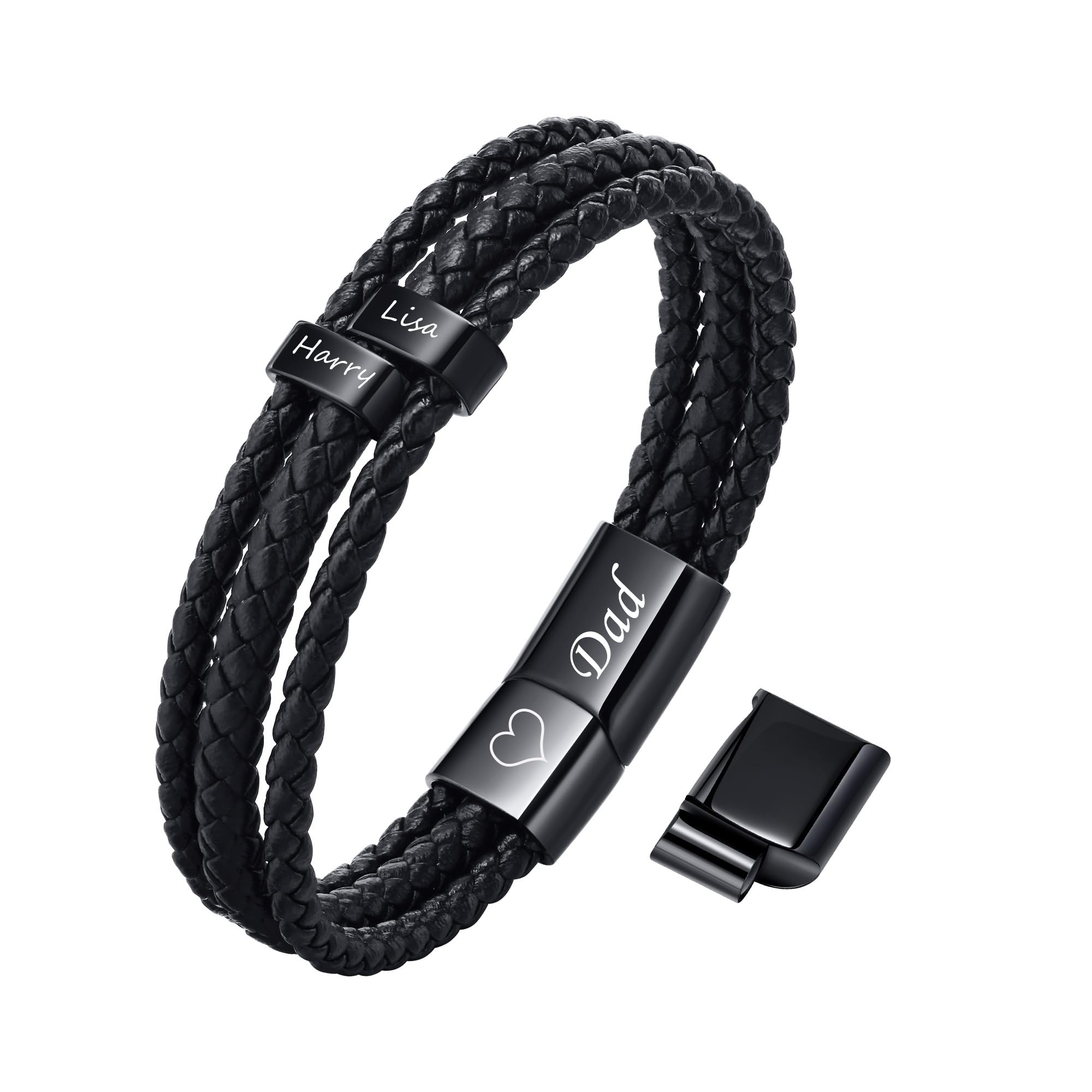 Personalized Fathers Day Gift for Dad Bracelet with 1-9 Names, Custom Genuine Braided Black Leather ID Bracelets Father's Day Jewelry Gifts for Dad