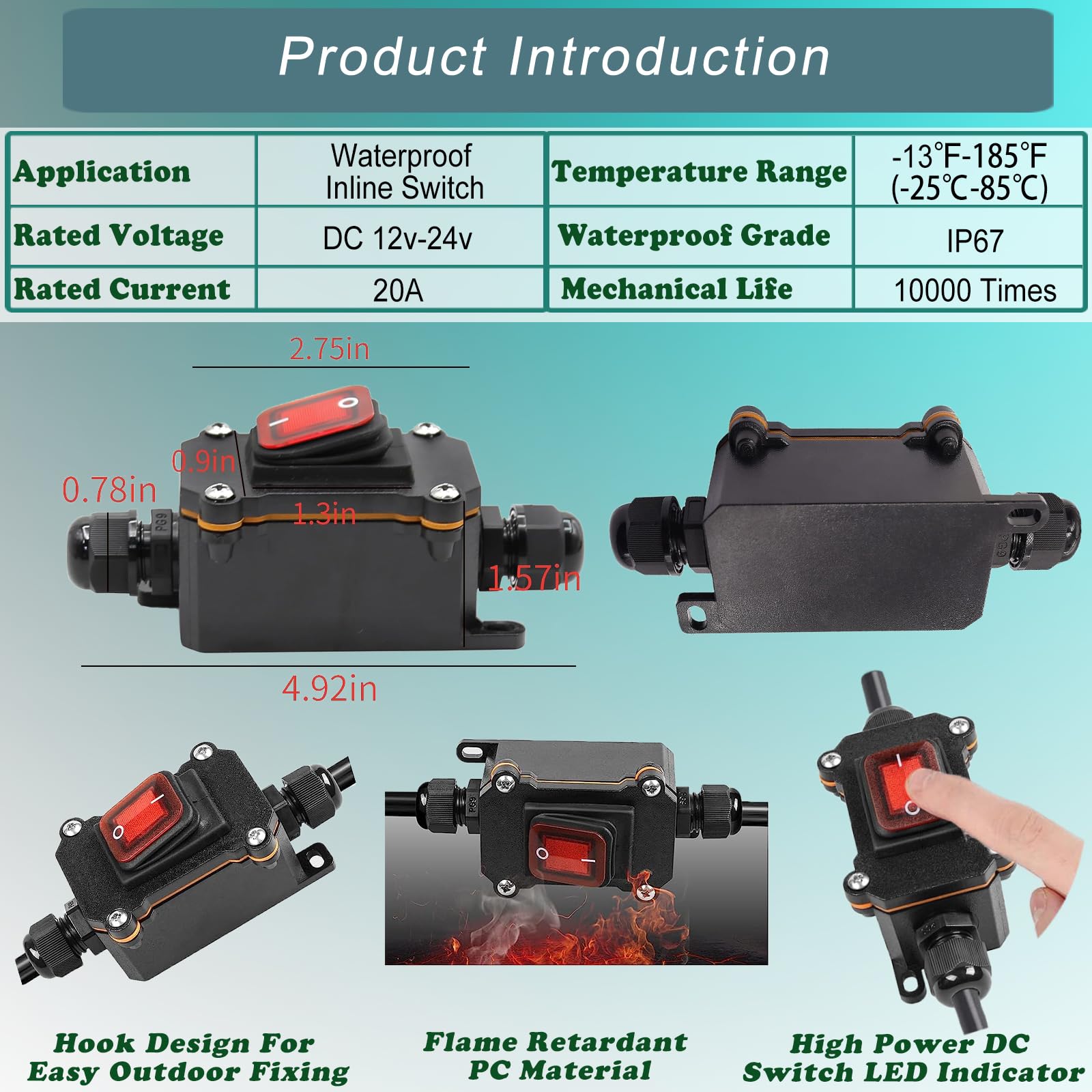 IP67 Waterproof Inline Cord Switch - 12V DC 20A, 4-Pin DPST On/Off ...