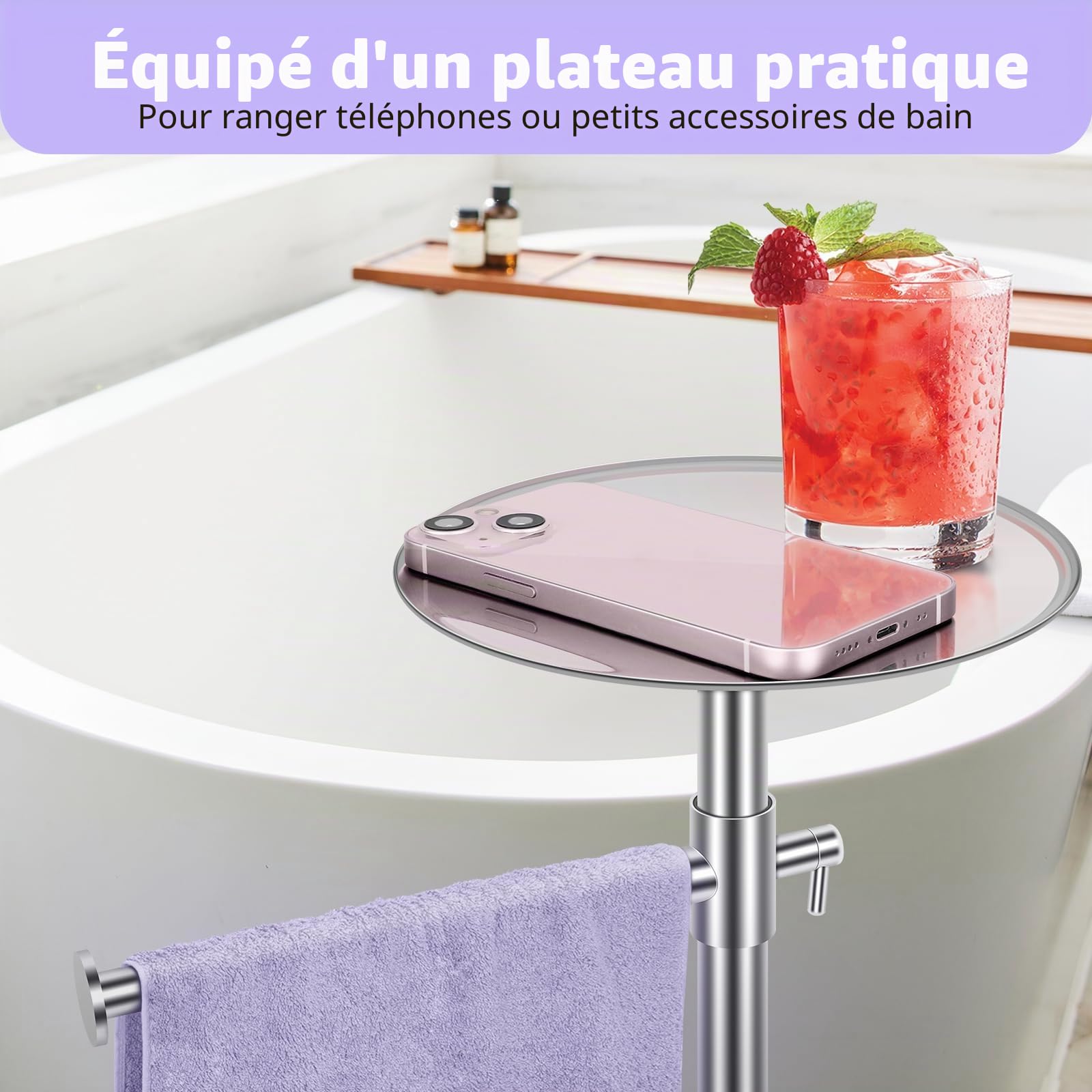 Alyvisun Porte Serviette Salle de Bain, Porte Serviette sur Pied avec Plateau et 2 Bras Extensibles [Réglable en Hauteur et Rotatif à 360°], Porte-Serviettes en Acier Inoxydable, Argent
