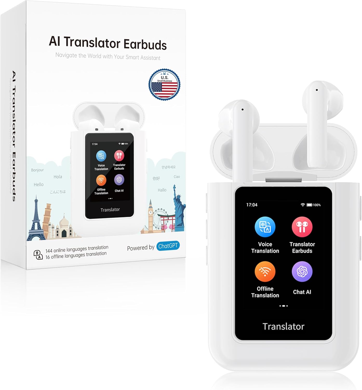 A8 AI Translation Earbuds Real Time with ChatGPT, Language Translator Device in 144 Languages, Offline Translation Headphones No APP Needed, Spanish Traductor for Travel & Business (White)