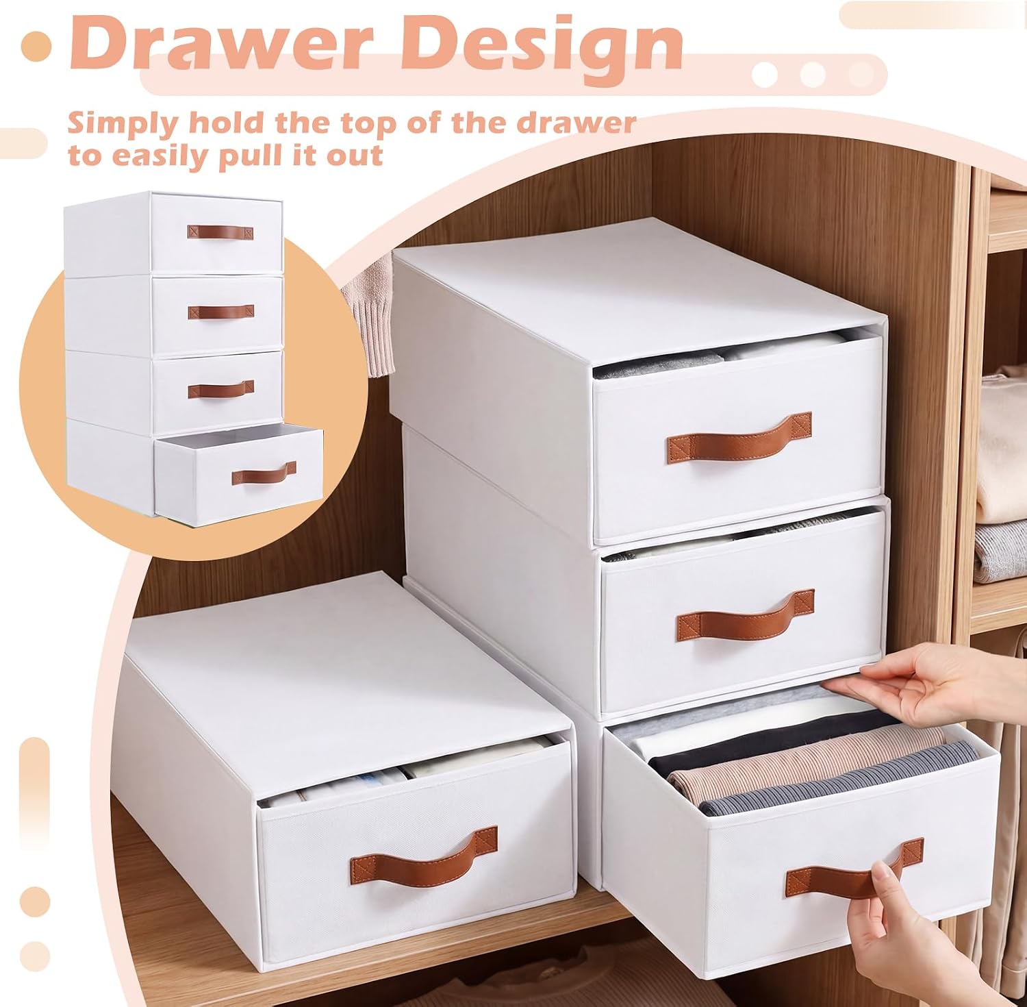 Windyun 4 in 1 Stackable Storage Drawers Closet Organizer,White | Fabric Bins with Drawers, for Socks Underwear Bras Scarves Ties, Large Foldable Clothes Storage Boxes, 12 x 15 x 6 Inch