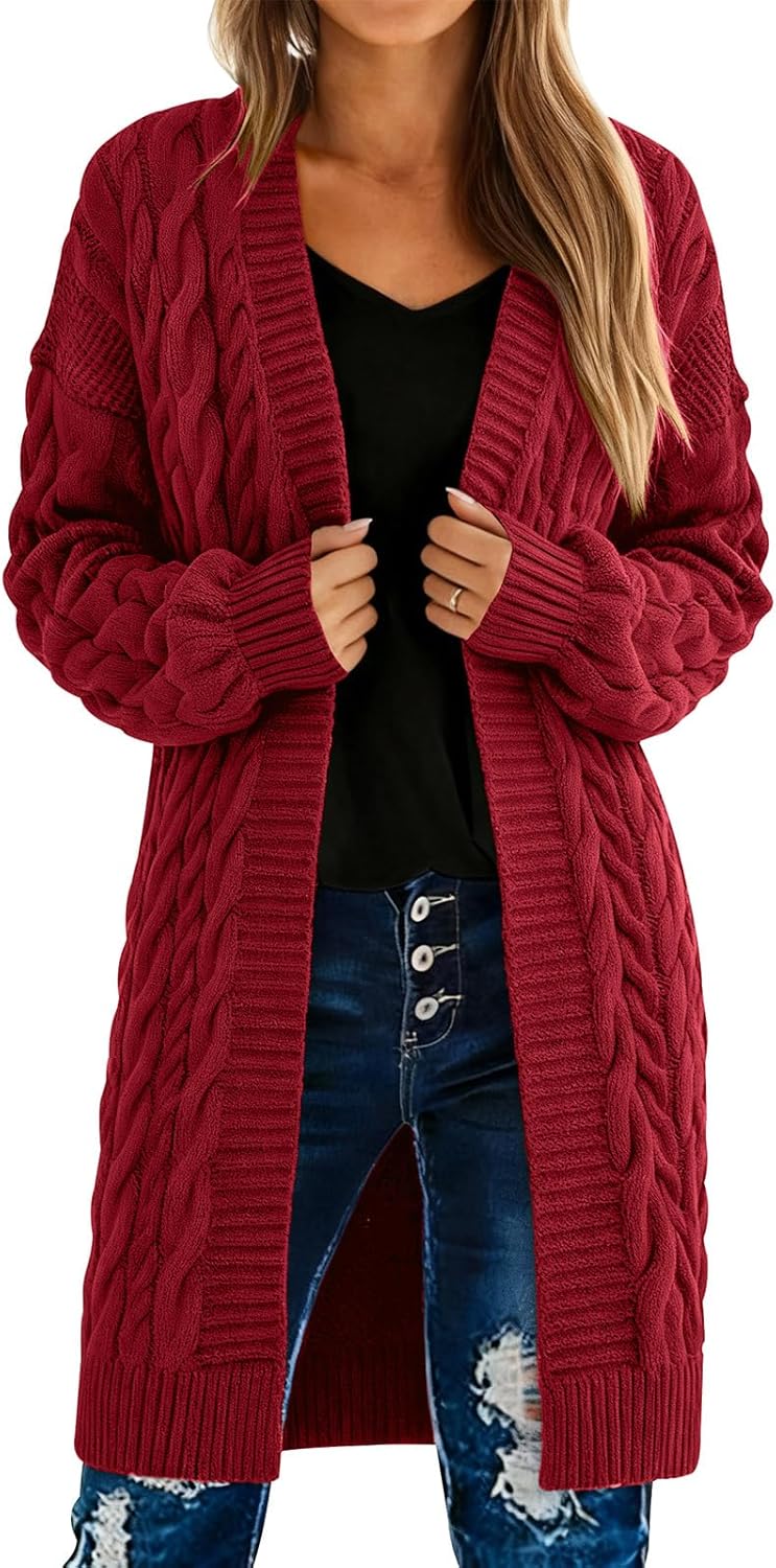 PRETTYGARDEN Long Sleeve Open Front Chunky Cardigan Sweaters for Women Cable Knit Long Cardigans Spring Outfits with Pockets