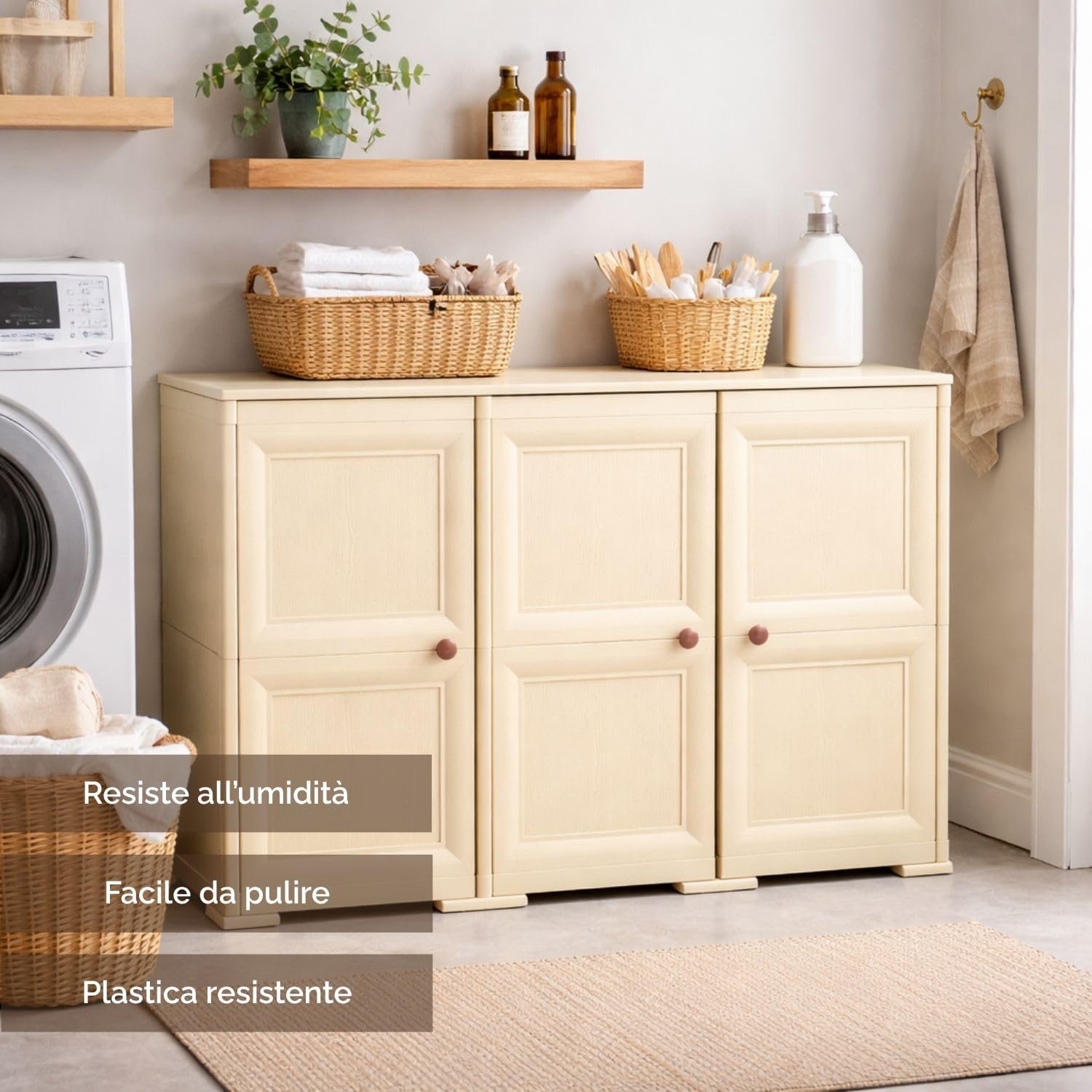 Armadio in Plastica 118 x 43 x 85.5 cm con 3 Ante e Finitura Effetto Legno – Mobile Contenitore Multiuso per Salotto, Balcone Coperto e Organizzazione Casa (Angora)