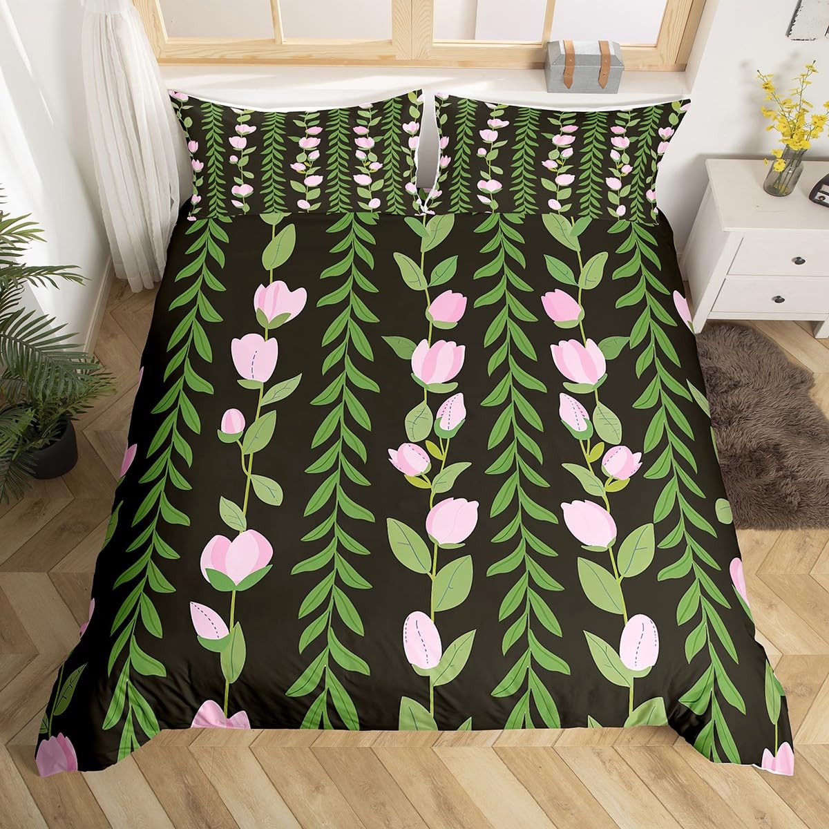 feelingyou Pink Tulips Kids Duvet Cover Set Single Size,Hawaii Flowers Tropical Plam Leaves Bedding Set,Girls Boys Teens Room Decor,Watercolor Blooming Floral Stripes Black Quilt Cover,No Comforter