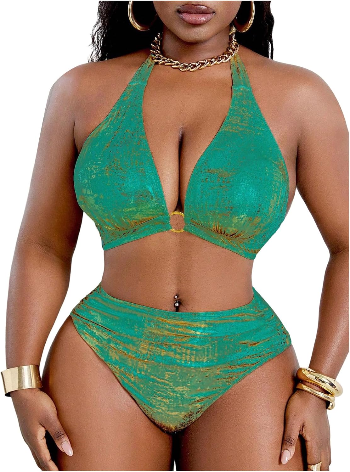 OYOANGLE Women's Plus Size Metallic Swimsuits Ring Linked High Waisted Bikini Set Halter Bathing Suits