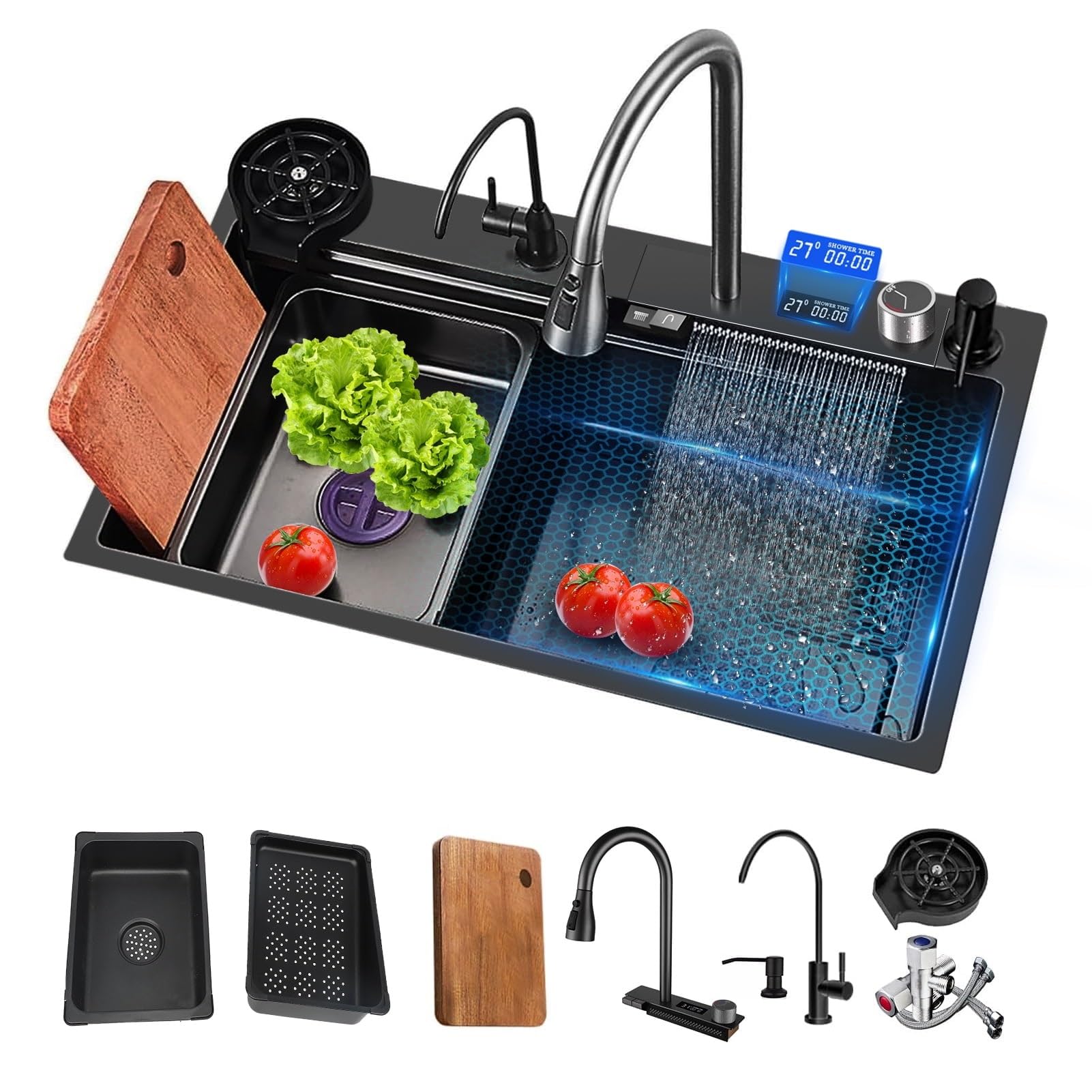 ZQFHSX Waterfall Kitchen Sink, Single Bowl Drop in Sink with Pull-Out Faucet, Multifunctional 304 Stainless Steel Digital, Black(85 * 45 22cm)