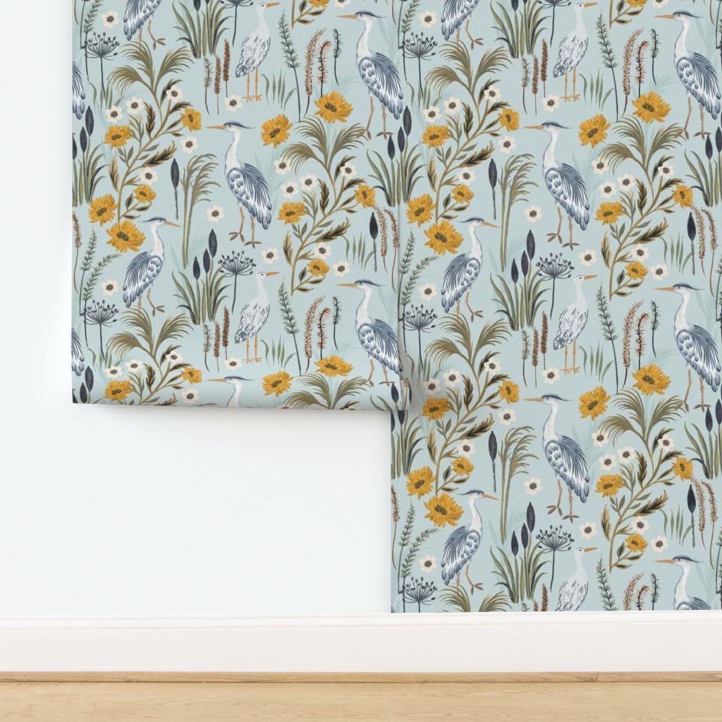 Spoonflower Removable Wallpaper 3ft x 2ft - Heron French Country Coastal Birds Mint Blue Custom Pre-Pasted Wallpaper