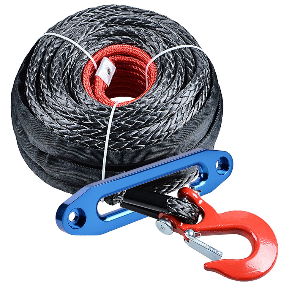 amopacorp Black 92 feet x 1/2 inch Synthetic Winch Rope with Protective Sleeve with RED Hook and 10 inch Blue CNC Aluminum Hawse Fairlead