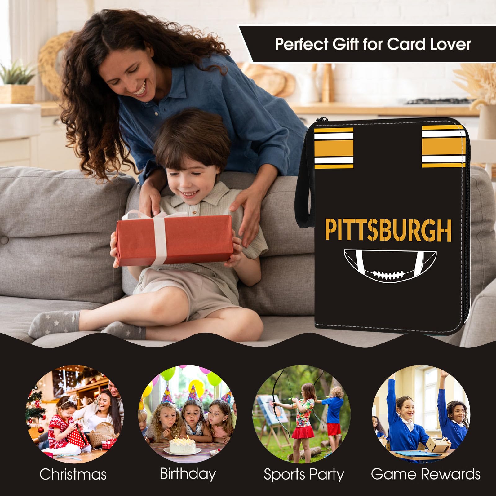 Fußball Kartenbinder mit Hüllen 900 Tasche, Pittsburgh Fußball Kartenhalter für Sammelkarten Sportkarte 3 Ringbuch Ordner Fußball Sammler Album Aufbewahrung Buch Fall Kinder Jungen Mädchen Geschenk