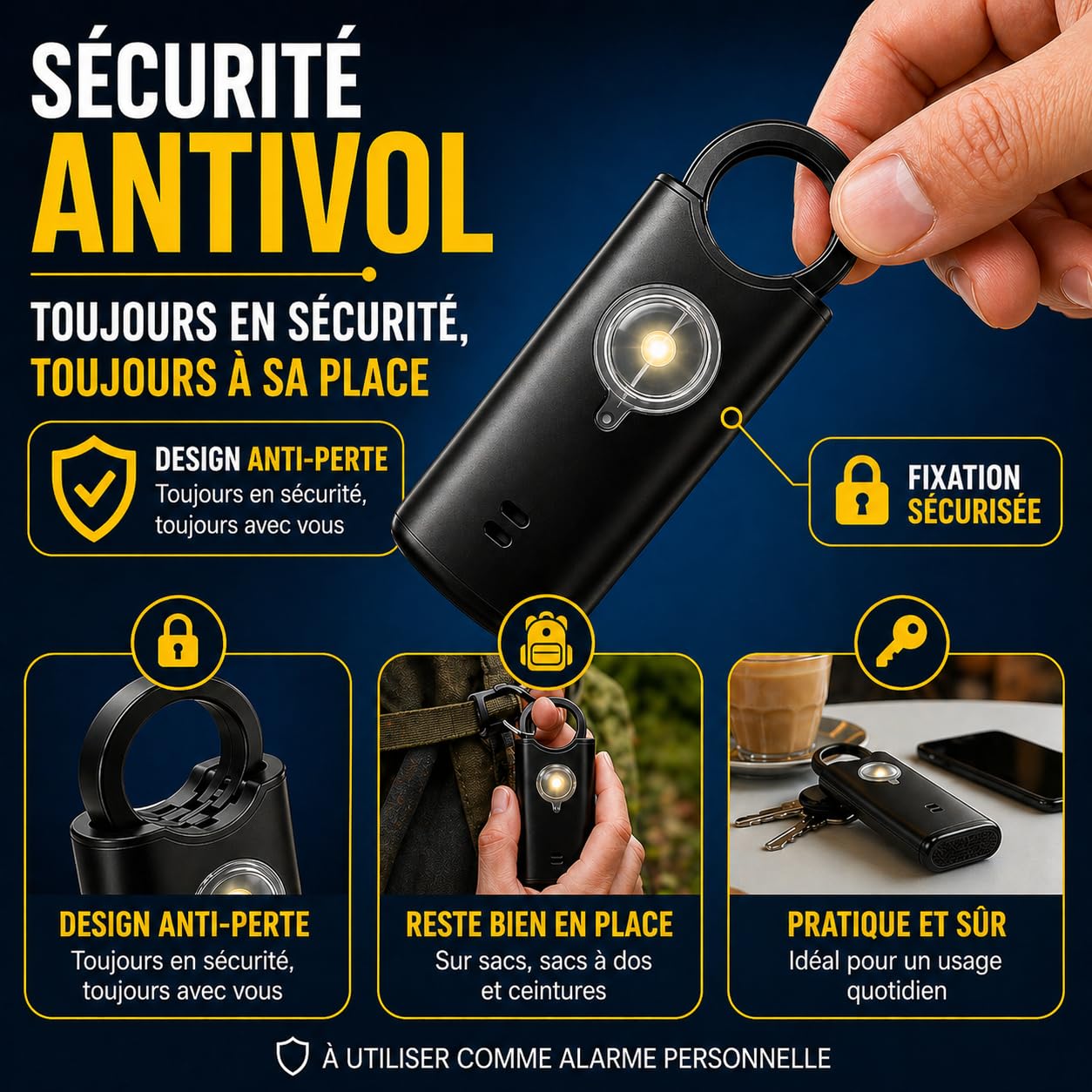 VOLTEK News kit Alarme métal loquet de sécurité (Blanc) Femme Defense + detecteur Porte et fenêtre autodéfense Auto Alarme Mini Autonome + sifflet Urgence personnelle Lampe puissante 135 DB, USB-C