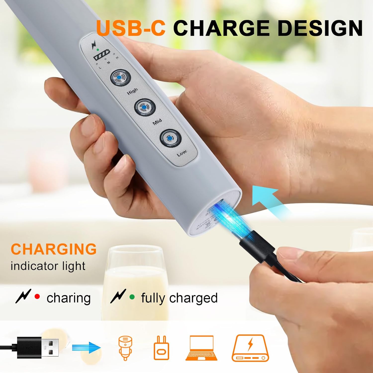 YUSWKO Handheld Milk Frother for Coffee, Rechargeable Drink Mixer with 3 Heads 3 Speeds Electric Whisk Coffee Frother For Latte, Cappuccino, Hot Chocolate, Egg - Cement Gray Cement Gray Without Stand