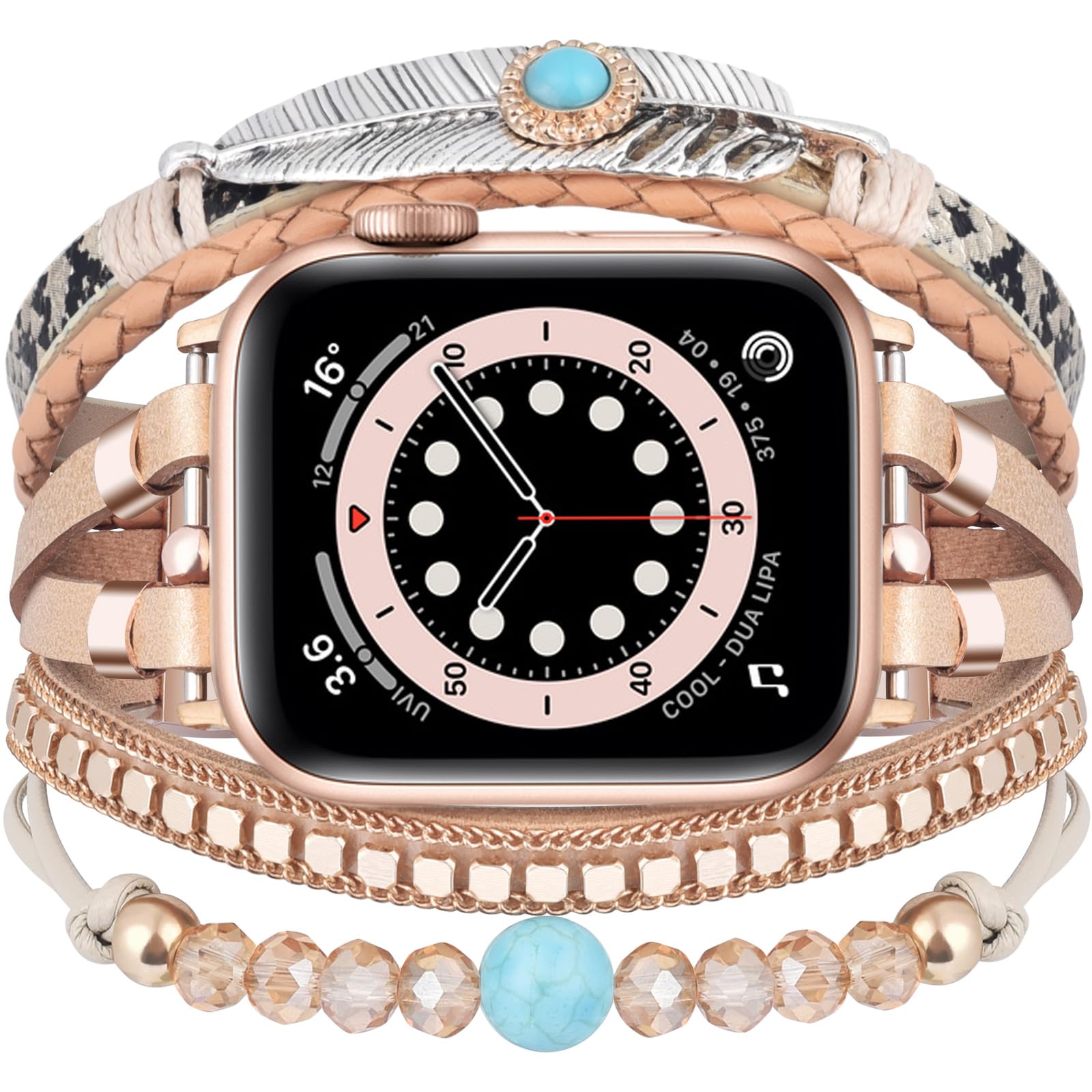 VISOOM Beaded Boho Bracelet for Apple Watch Band 38mm 40mm 41mm 42mm Series 10/9/8/7/SE Series 6/5/4 Women Leather Fashion Cute Handmade Multilayer Wrap Watch Strap for iWatch 3/2/1 Bands