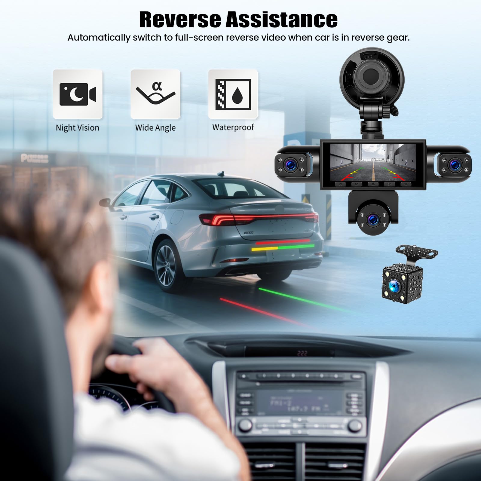 OiLiehu 5 Canales Cámara para Salpicadero 3,16" para Coches, Resolución 1080P + 480P, 5 Lentes con Grabación en Bucle, G-Sensor, Visión Nocturna, Asistencia Aparcamiento,Detección de Movimiento