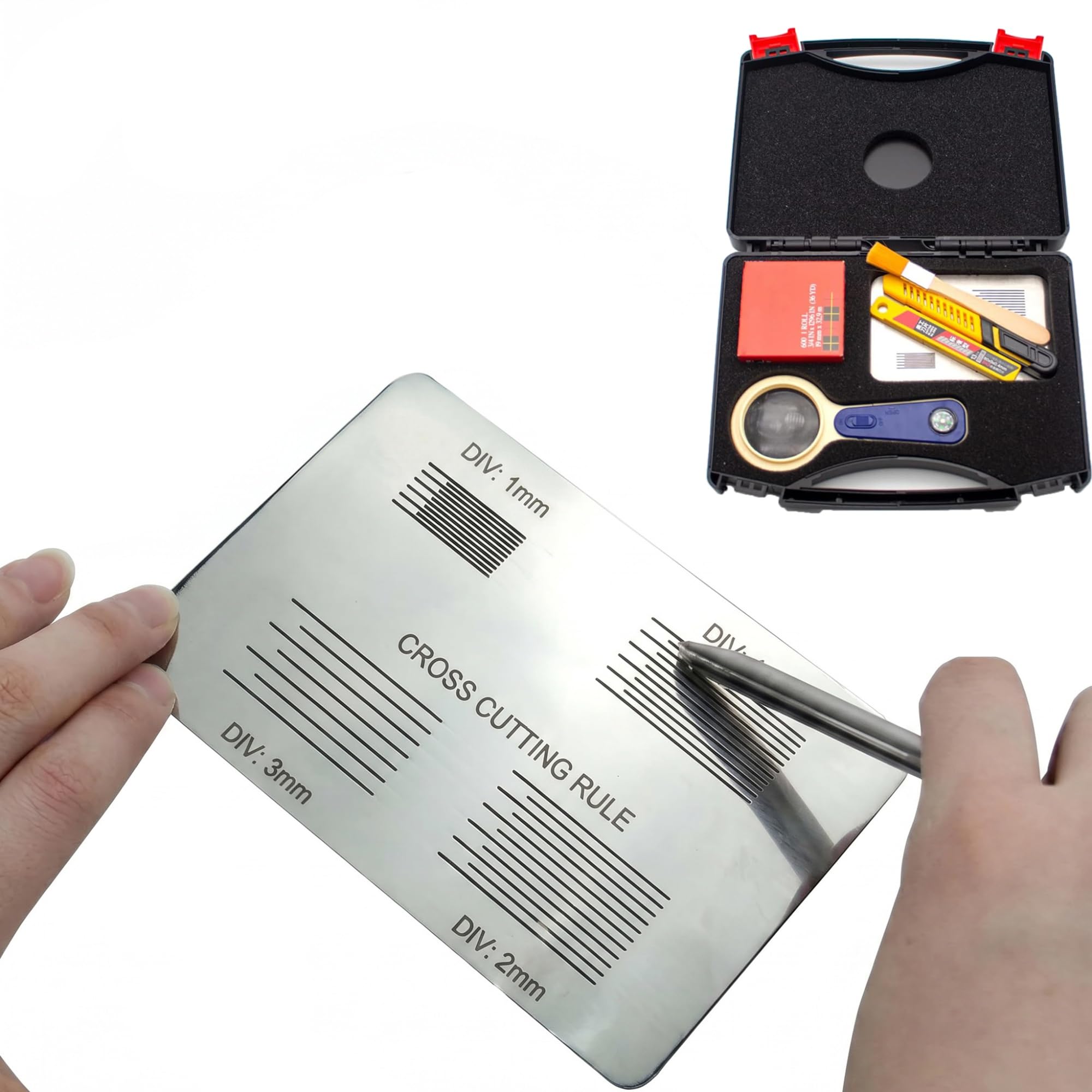 Gitterschnitt-Haftfestigkeitsprüfer, 4-in-1-Kreuzschnitt-Haftfestigkeitsprüfer, Prüfgerät für Lackhaftung mit Lupe, Klebeband & Pinsel, Klingen: 1mm/1,5 mm/2mm/3mm