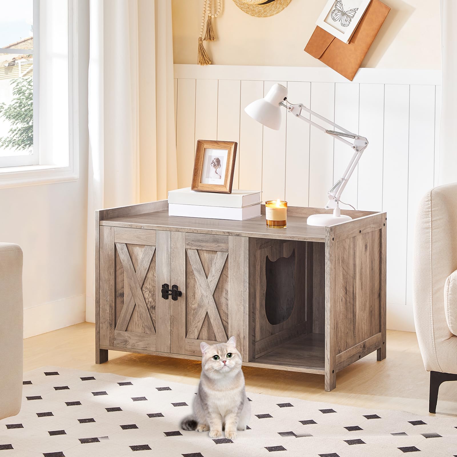 Cat Litter Box Enclosure, Wooden Washroom Storage Cabinet Bench