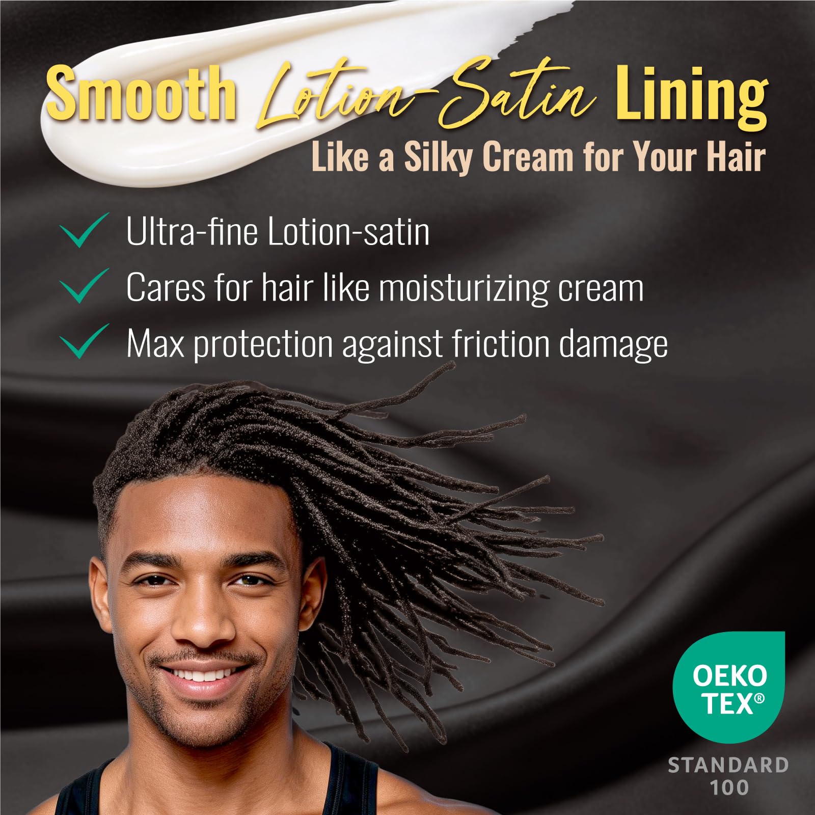 Gorro de dormir con forro de satén para cabello rizado y trenzas, abrigo de pelo para toda la noche con correa ajustable para mujeres y hombres, negro y gris, paquete de 2