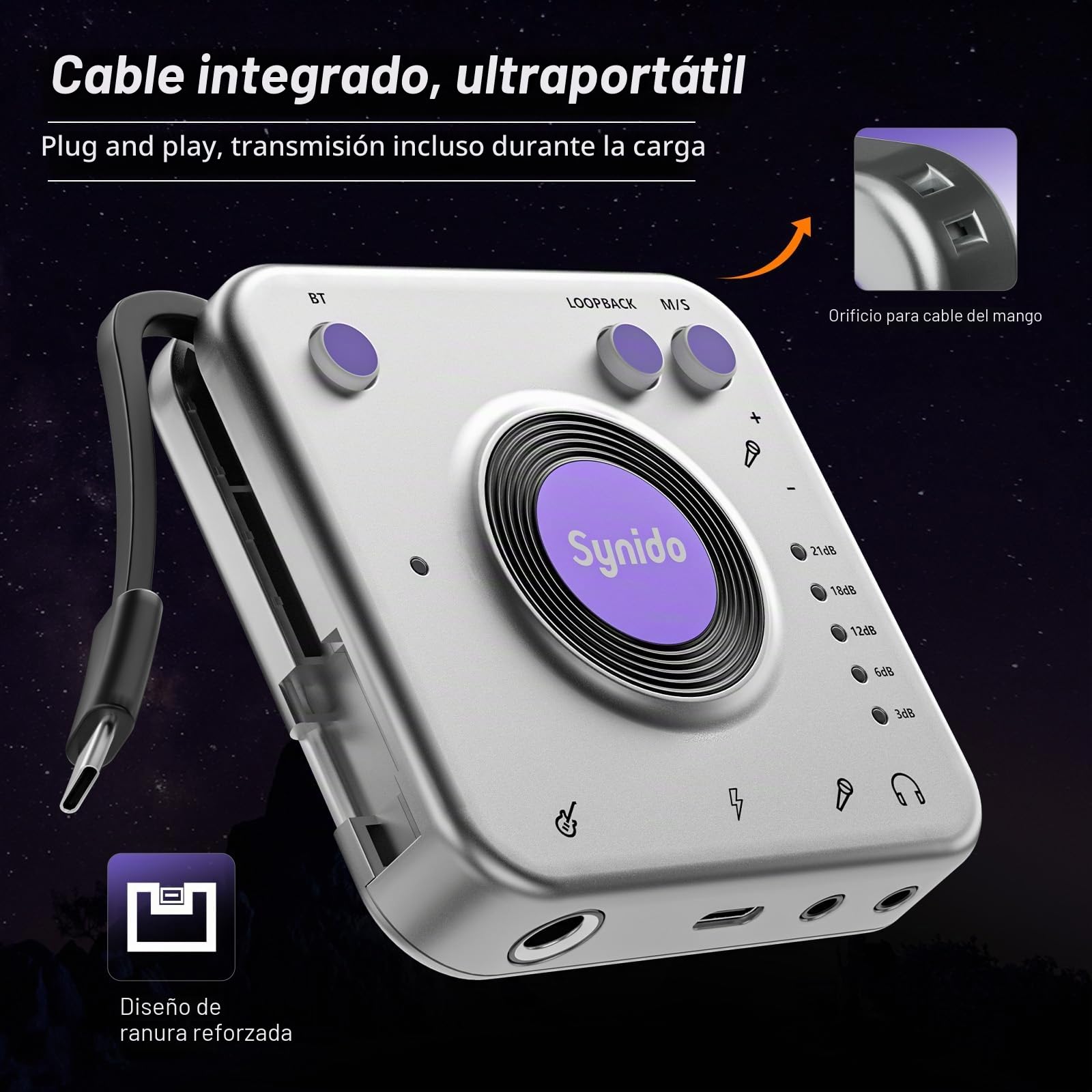 Synido Interfaz de audio portátil para guitarra, adaptador de audio de 24 bits/96 kHz con puertos USB-C, Inst./auriculares para transmisión en vivo, equipo de grabación de música para iPad/iPhone