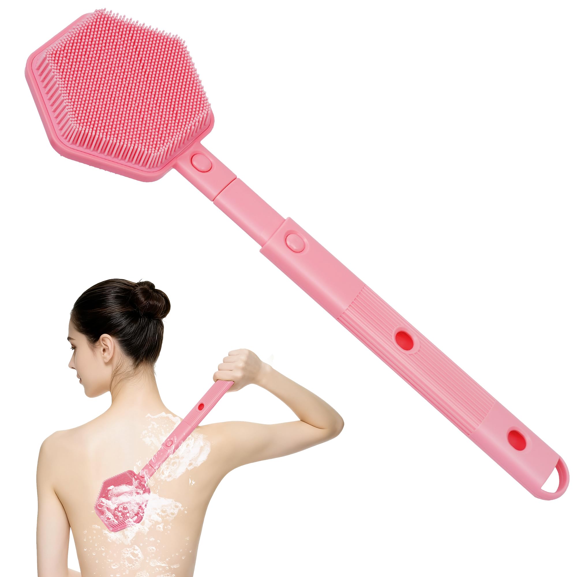 Silicone Back Scrubber for Shower with 21" Extendable Handle-Dual-Sided Long Handle Bath Brush for Exfoliating & Massage–Non-Slip Grip, Gentle&Deep Cleansing Body Brush for Men, Women, Seniors (Pink)