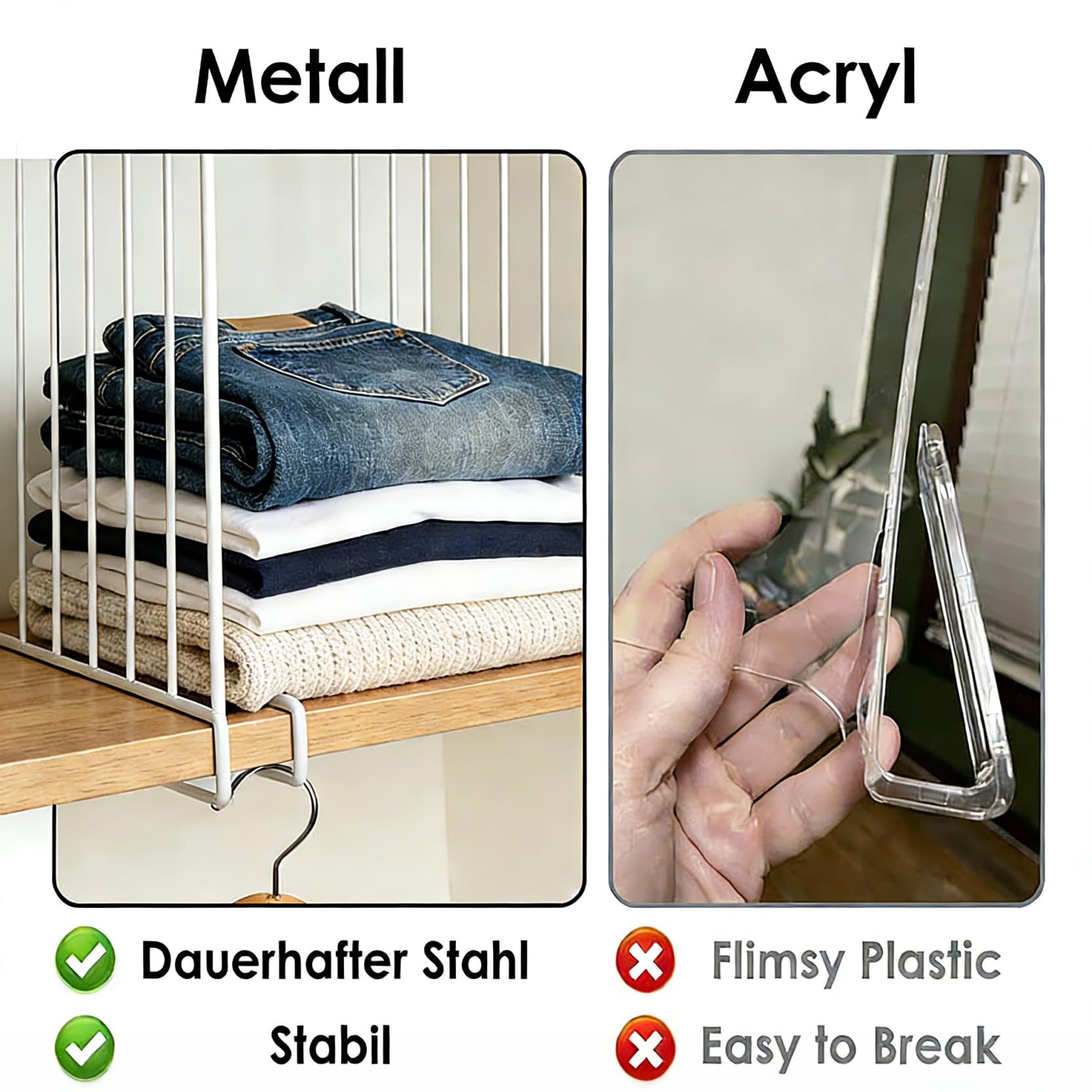 Regaltrenner kleiderschrank 4er Set, Schrank Organizer für Kleiderschrank & Küchenschrank, Metall Regalteiler, Regal Organizer, Aufbewahrungshelfer für Pullover, Handtaschen, Bücher & Kleidung