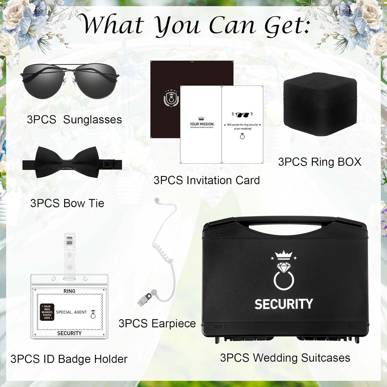 Mepase 24 Pcs Ring Wedding Security Set Ring Bearer Box Sunglasses Bow Tie Security Earpiece ID Badge Holder with ID Card Task Card Wedding Suitcase for Agent Proposal Gift Cosplay Black