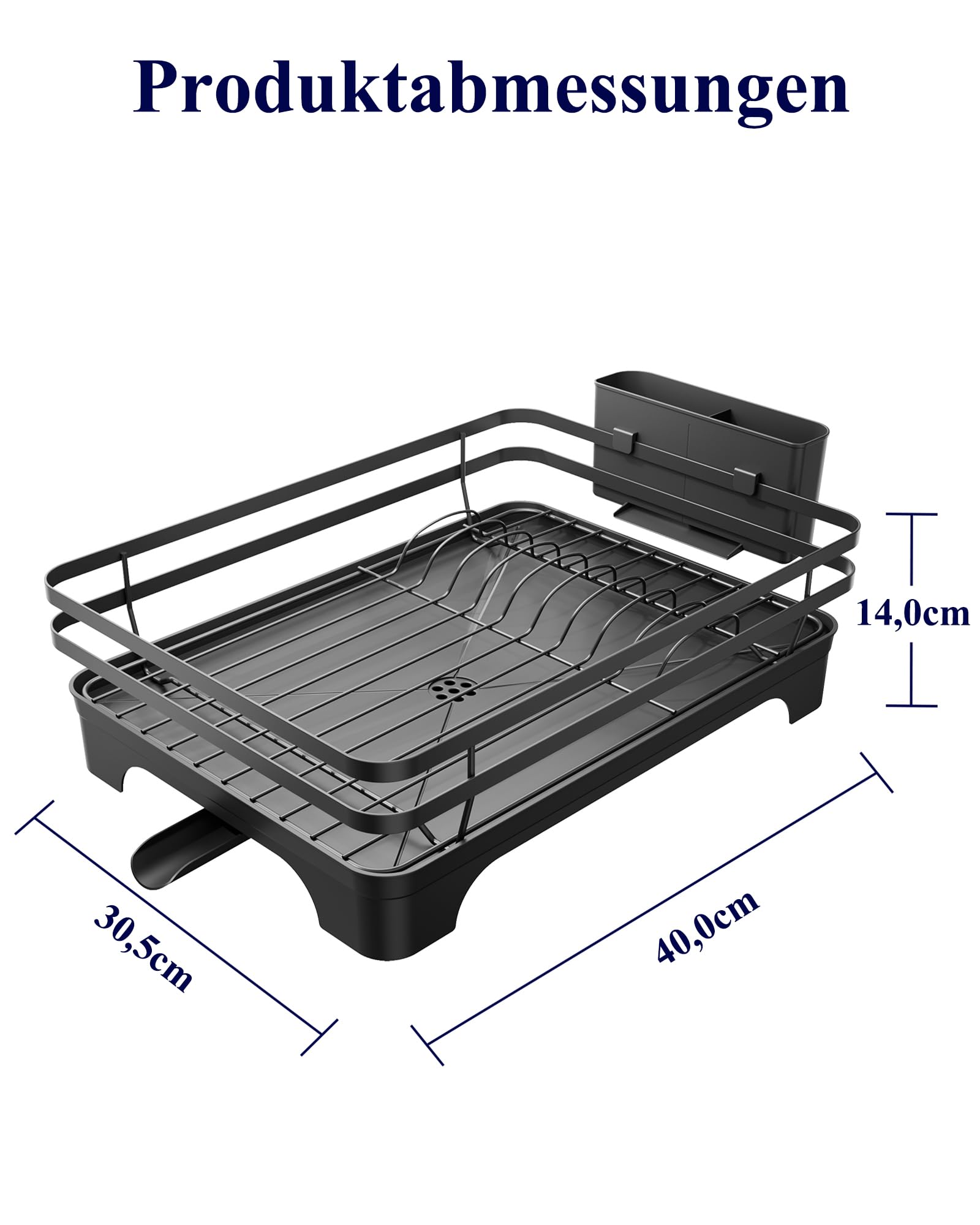 Kitsure Abtropfgestell Geschirr Geschirrgestell für die Küchentheke mit Besteckhalter, rostfreie Aufbewahrungslösung, Abtropfgestell mit drehbarem Halter, 46,5 cm x 30,5 cm x 14,0 cm, Schwarz