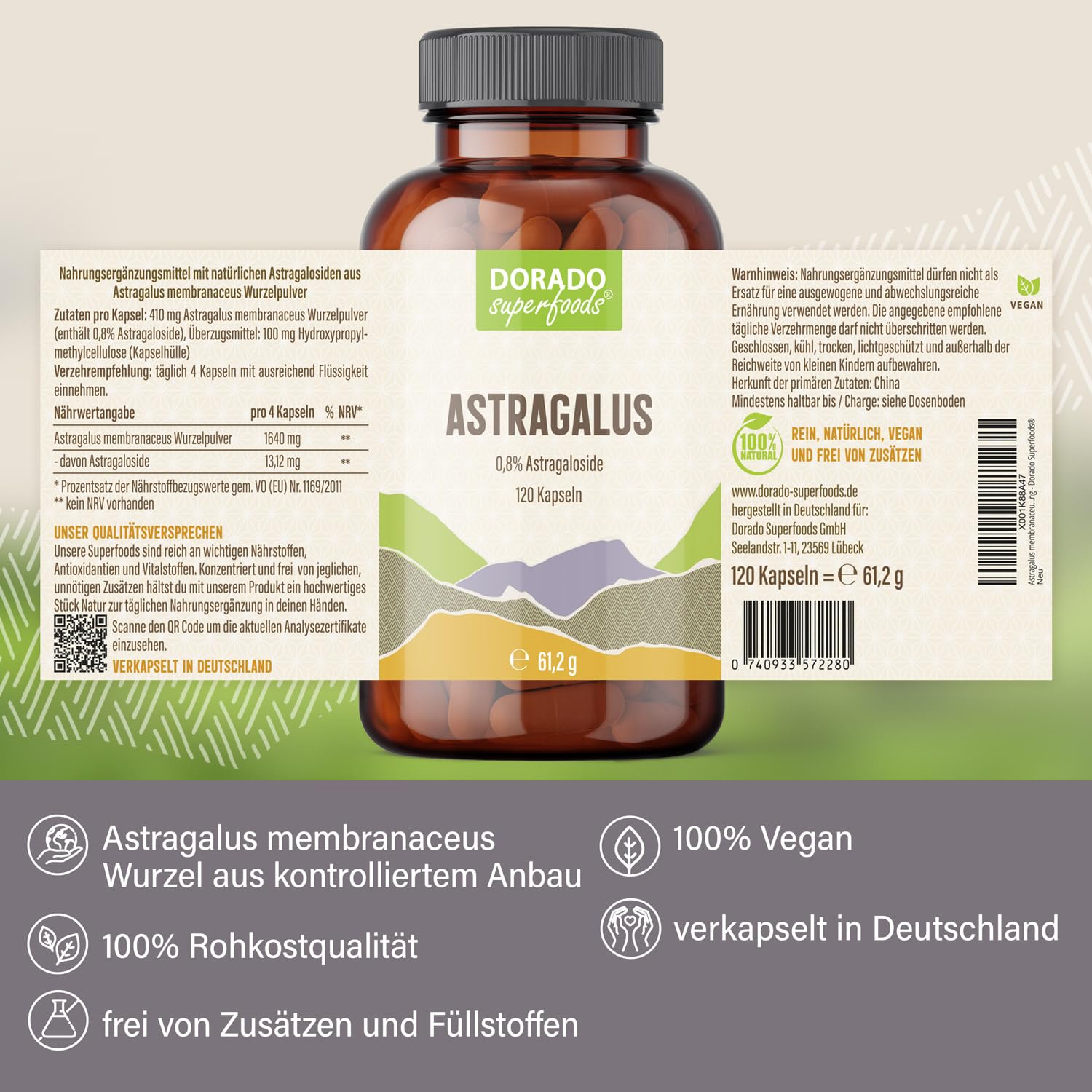 Astragalus membranaceus | 120 x Kapseln - 1640 mg Tagesdosis | Wurzelpulver - Vegi | 1 Monatspackung - Dorado Superfoods®