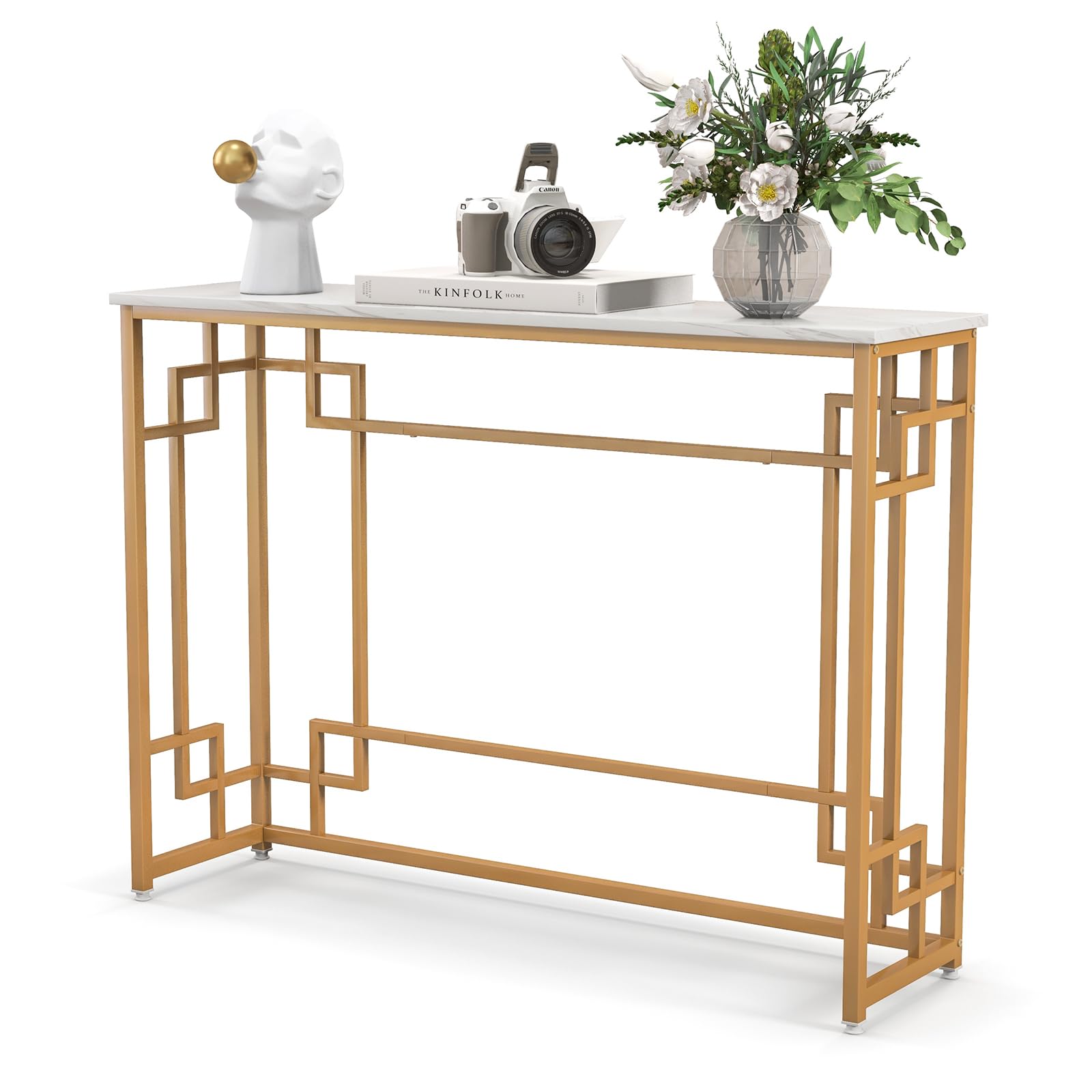 COSTWAY Stolik konsolowy, marmurowy, złoty, wejście, wąski, stolik do przedpokoju z geometryczną metalową ramą, stolik pomocniczy, 110 x 30 x 81 cm, do salonu, przedpokoju, wejścia