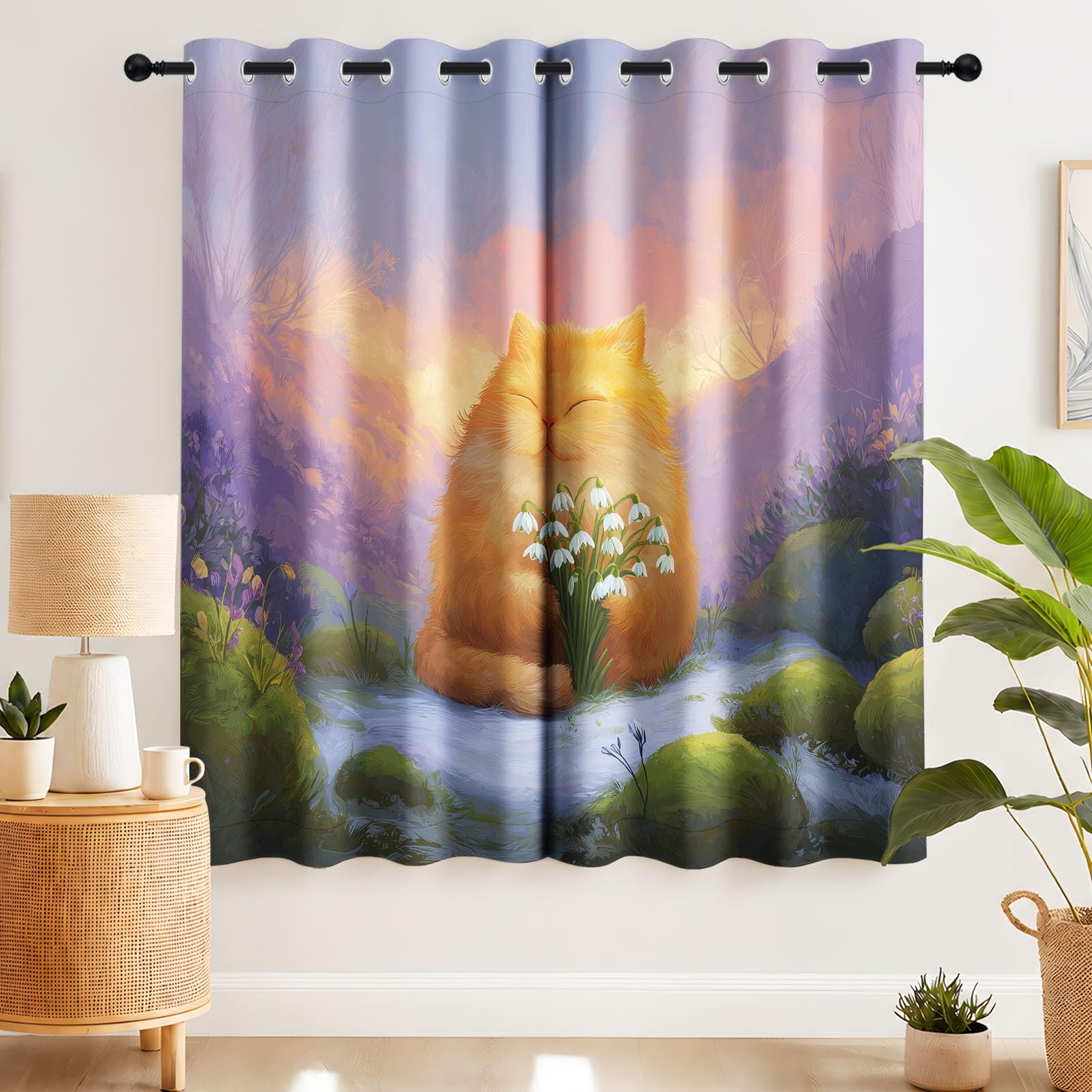 Tenda oscurante animale floreale, 110 x 215 cm, fiore gatto tende e drappeggi per bambini e ragazze, camera da letto, soggiorno, tende termiche isolanti