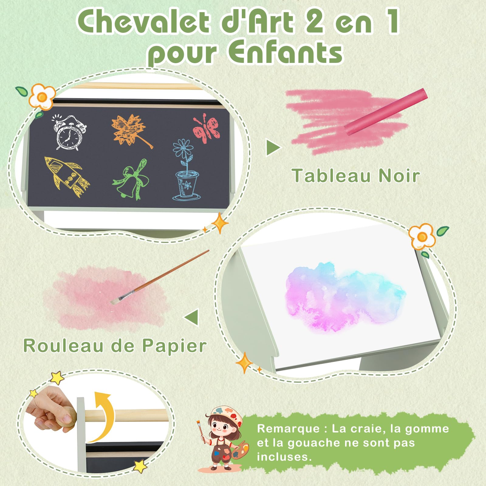 GOPLUS Tableau Chevalet Enfant Double Face en Forme d'Arbre, 2 en 1 Table à Dessin Rouleau de Papier et Étagère de Rangement,