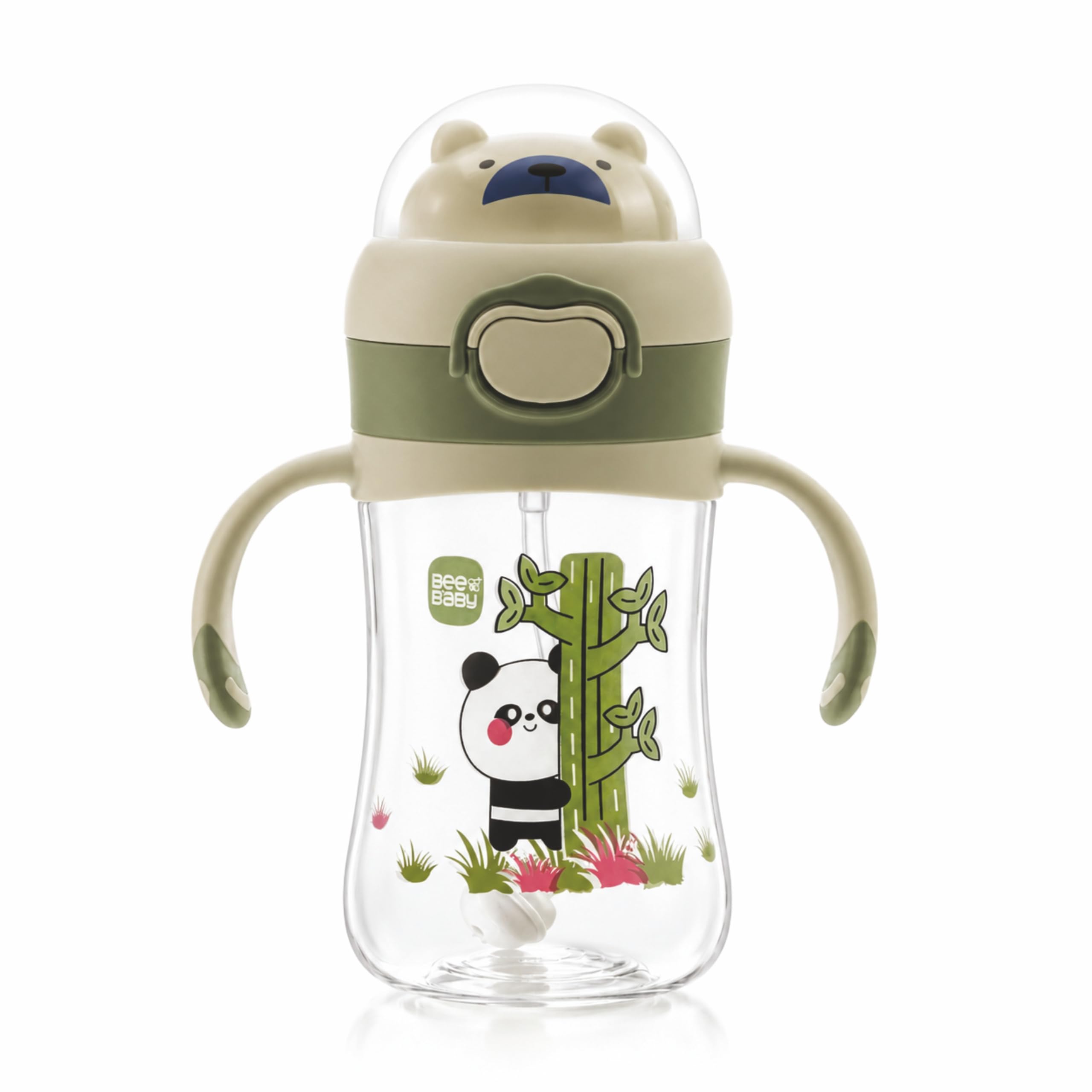 BeeBaby Teddee Silicone Straw Sippy Cup 300ml with Weighted Straw | Push Button Anti Spill Lock Lid, Easy Grip Handles | Leak Proof Toddler Training Cup | Bite Resistance BPA Free Sipper, Light Green-image-36