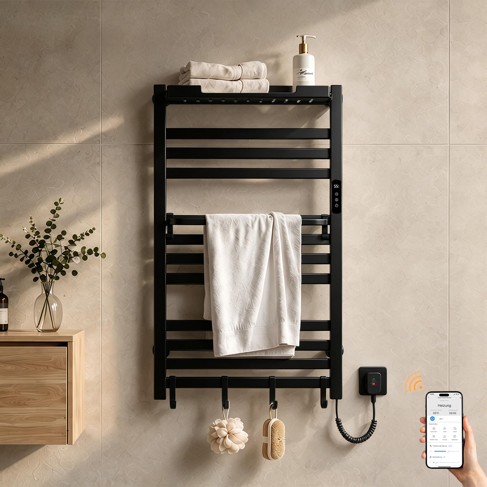 S'AFIELINA Grzejnik łazienkowy elektryczny z półką 950 × 600 mm 375 W Czarny