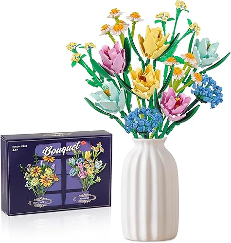 Ramo de flores, bloques de construcción, tulipanes, colección botánica, juegos de ladrillos, kits de juguetes creativos para el Día de la Madre,
