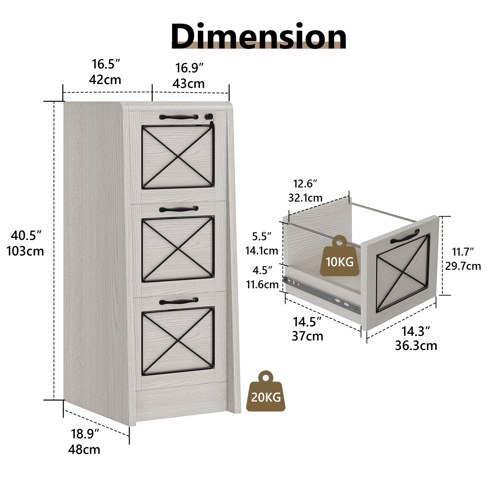 iPormis Caisson de Bureau à 3 Tiroirs, verrouillables, avec Serrure, Rails de Suspension réglables, pour dossiers A4 et Format Lettre