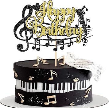 1 Pack Music Happy Birthday Cake Topper Black Gold Glitter Musical Symbol Note Microphone Musical Lover Birthday Cake Pick for Music Concert Singer Theme Birthday Party Cake Decoration Supplies