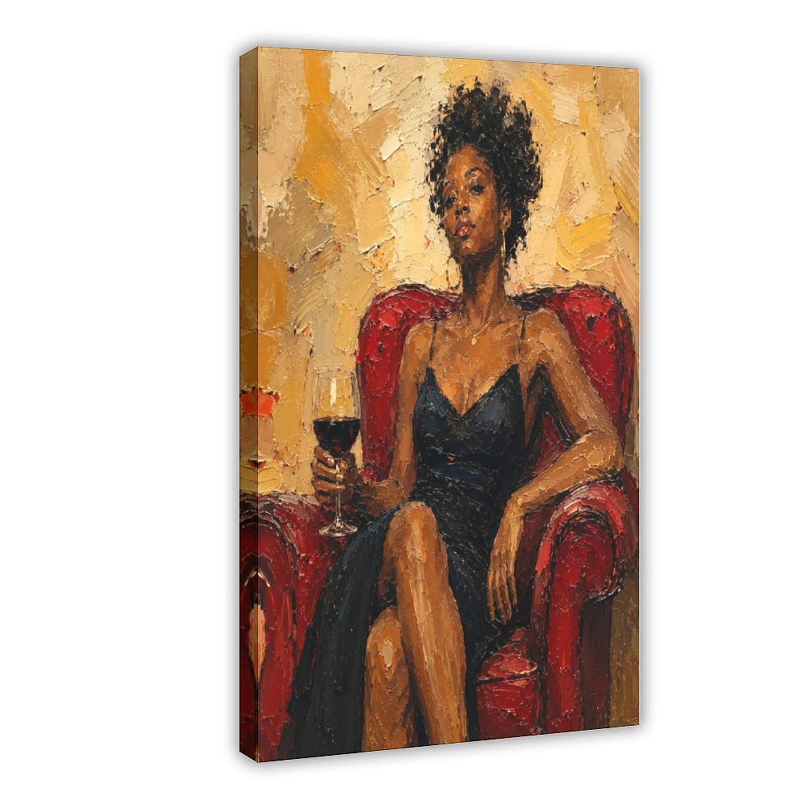 W7c8u2x3 Frame-Style-14 Black Woman With Wine Canvas Wall Art, Portrait Art Sofa Area
