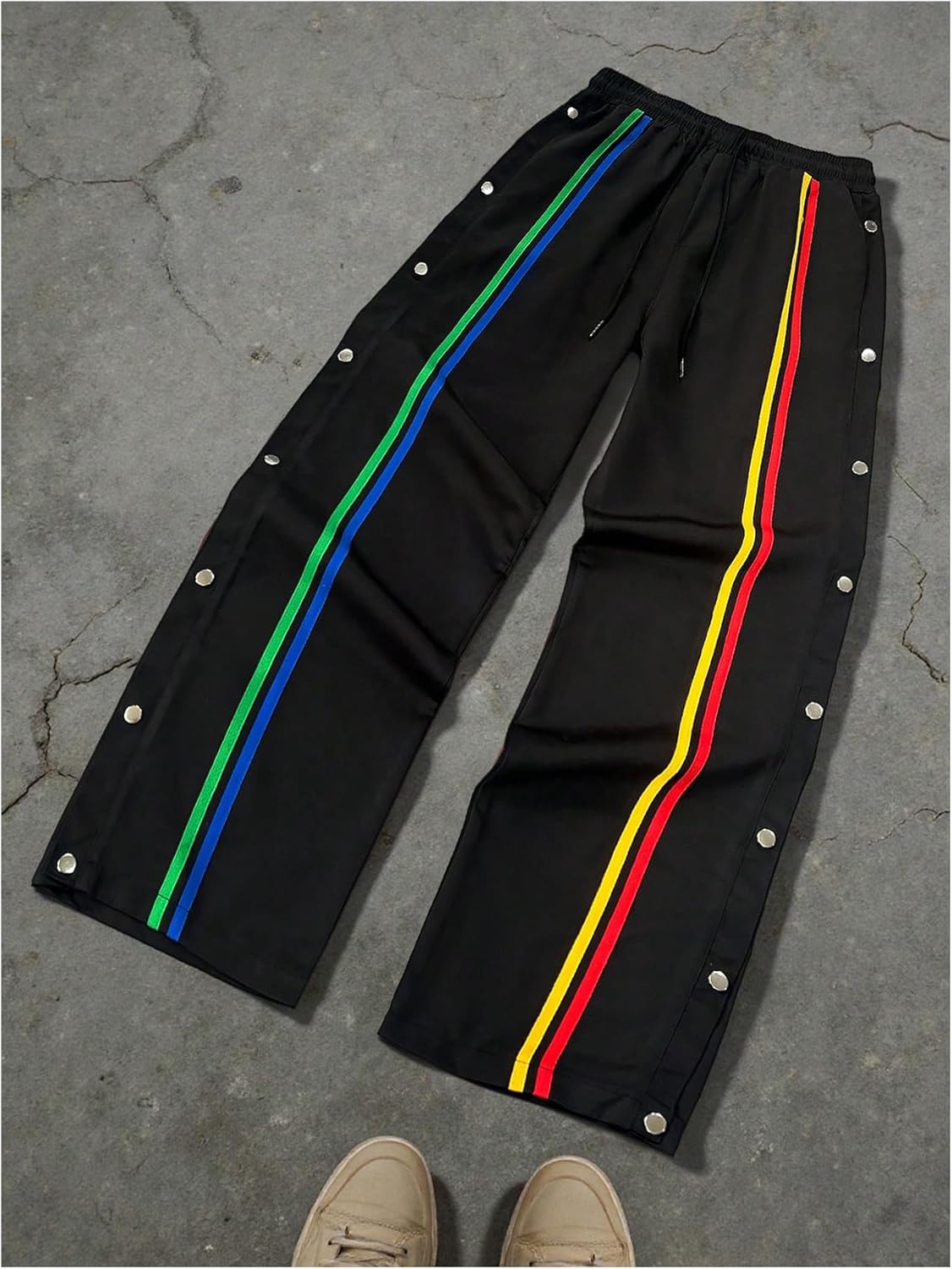 Men's Rainbow Striped Baggy Sweatpants Y2K Drawstring Wide Leg Pants Snap Button Tear Away Track Pants - Image 3