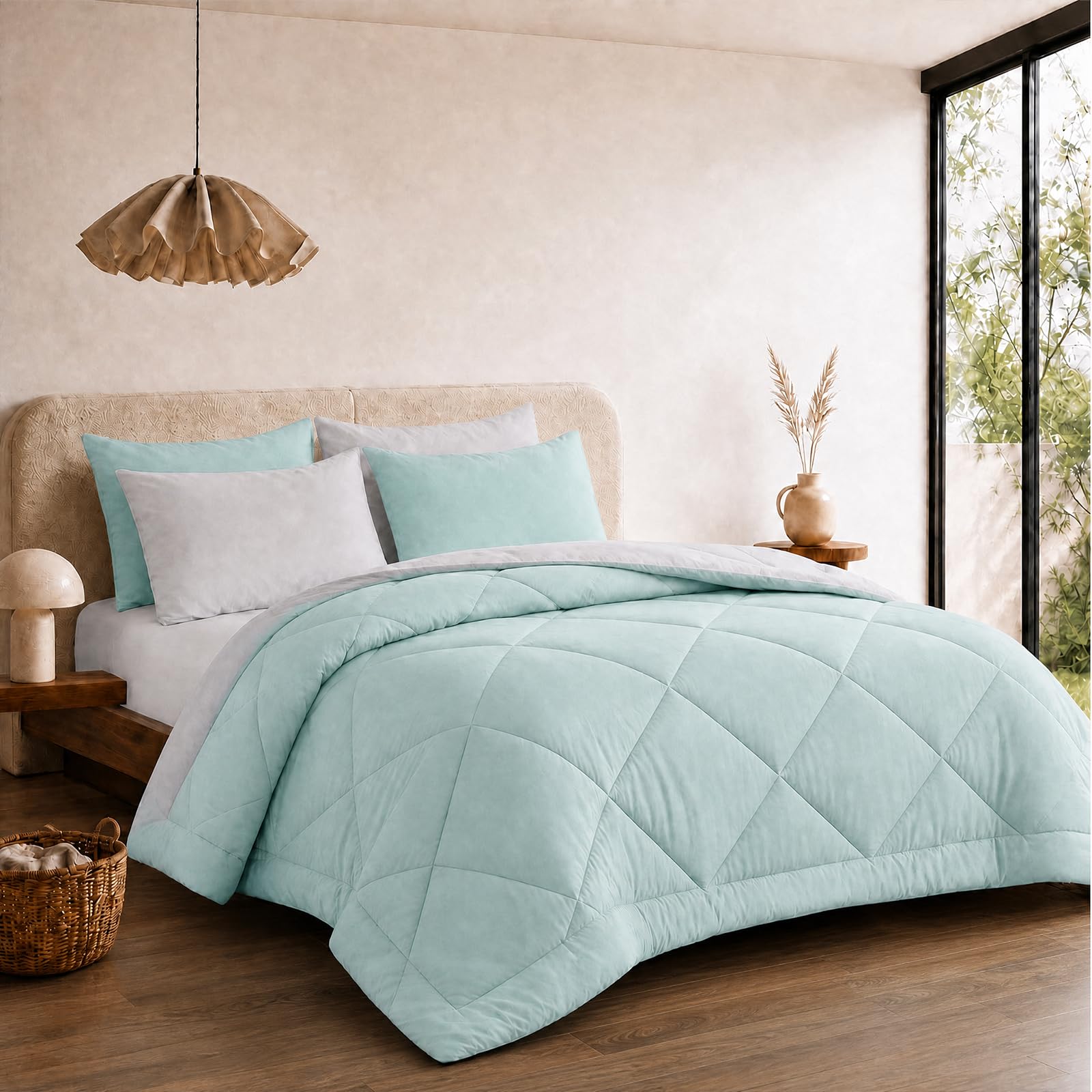 VelvetMis Coverless Duvet Super King Size 10.5 Tog - 260x 220cm, Sage Green And Light Grey Quilt, Reversible Comforter with 2 Pillowcases