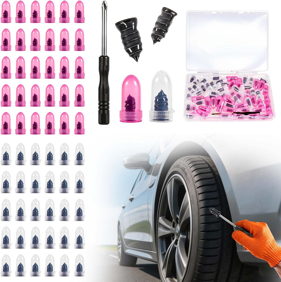61 PCS Tire Repair Rubber Nail, Vacuum Tire Repair Kits Spiral Rubber Nails, Tire Screw Plug Fast Tool Self Service Tire Repair Nail for car, Motorcycle, Truck, Tractor Tire Puncture Repair | tire repair plugs kit for car, motorcycle, truck, tractor No glue needed – spiral rubber nails for permanent puncture repair