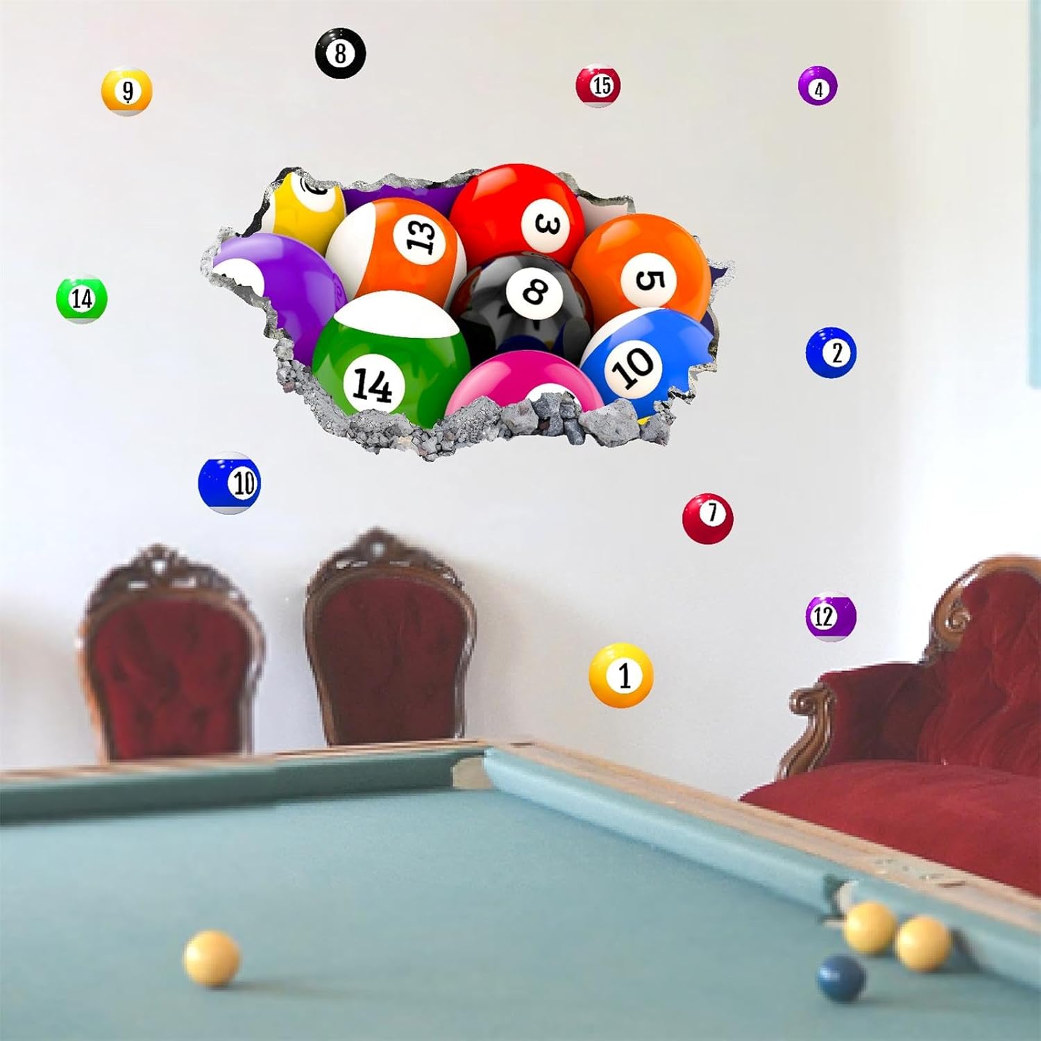 Billiards 3D Wall Stickers Decor Sport Ball Wall Sticker for Boys Pool Room Decor Large Billiards Wallpaper Graphic Balls Wall Art Mural Decals for Kids Bedroom Toddlers Playroom Decoration