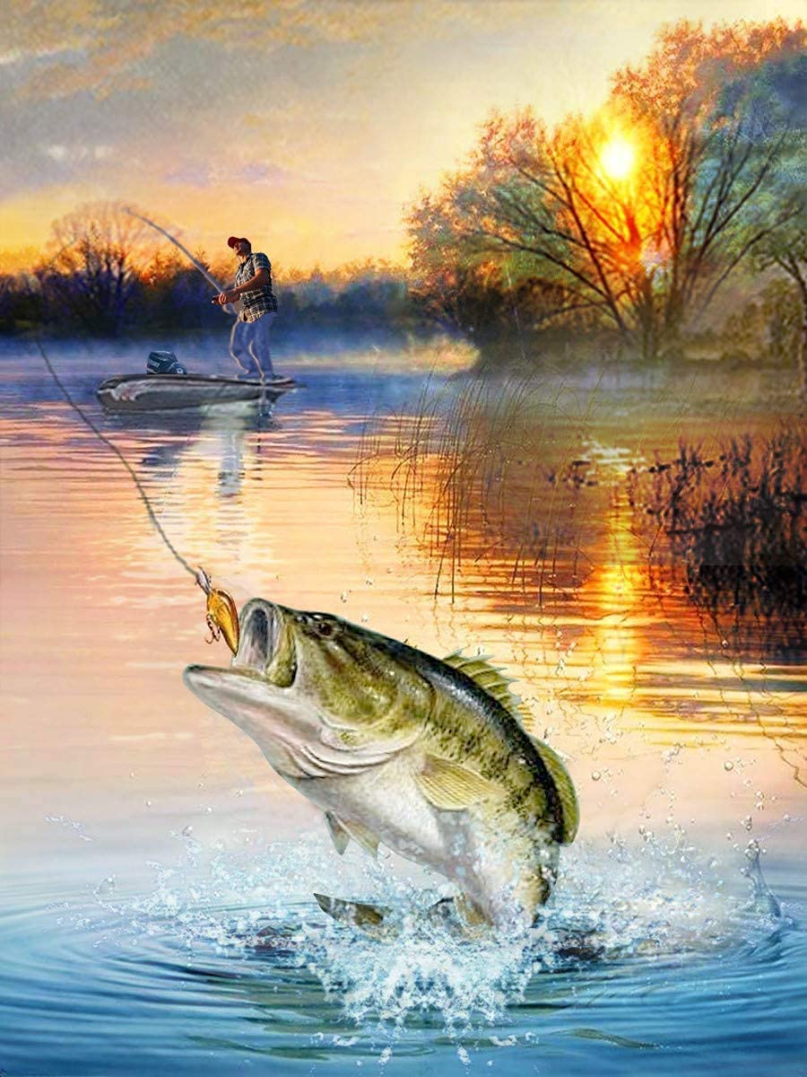 Jswlywmtpj Fishing 5D Diamond Painting Kits For Adults Full Drill Diy Cross Stitch Fisherman On The Lake Diamond Art Painting Kits 12X16inch