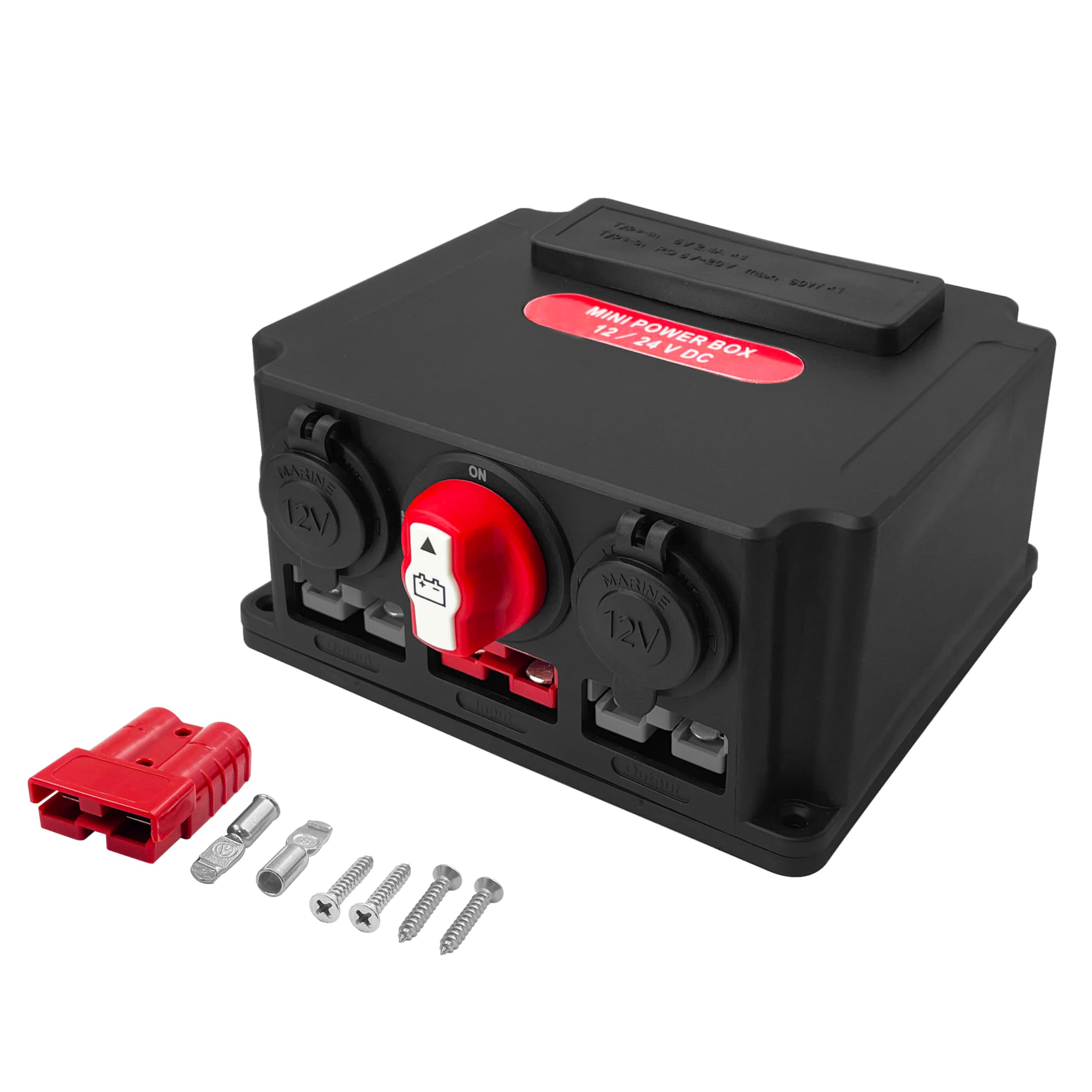 Mini Power Distribution Control Box USB Charger 100A Battery Switch Power Socket Battery Box with Voltmeter Socket 50A Anderson Connector Circuit Breaker for Car Marine Boat RV SUV ATV Camper Truck